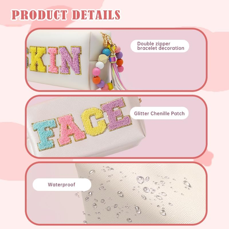 2 Preppy Patch Makeup Bag Chenille Letters Cosmetic Bag Personalized Initial Cute Face Skin Pu Leather Portable Waterproof Toiletry Bag with 1Silicone Keychain Travel Make up Bag for Women Teen Girls image number 6