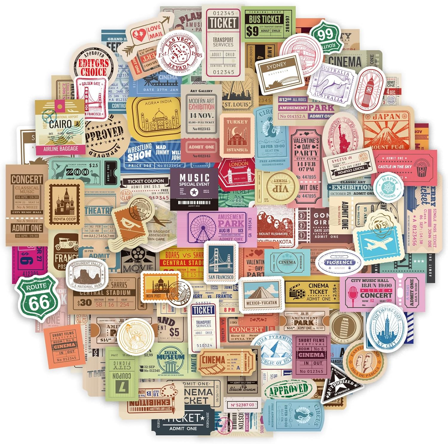 Prstincol 300 Pcs Vintage Travel Stickers Ticket Stickers for Journaling,Luggage Stickers Stub Stickers Vintage Stickers for Junk Journal Crafts Laptop Water Bottle Album Scrapbook image number 1