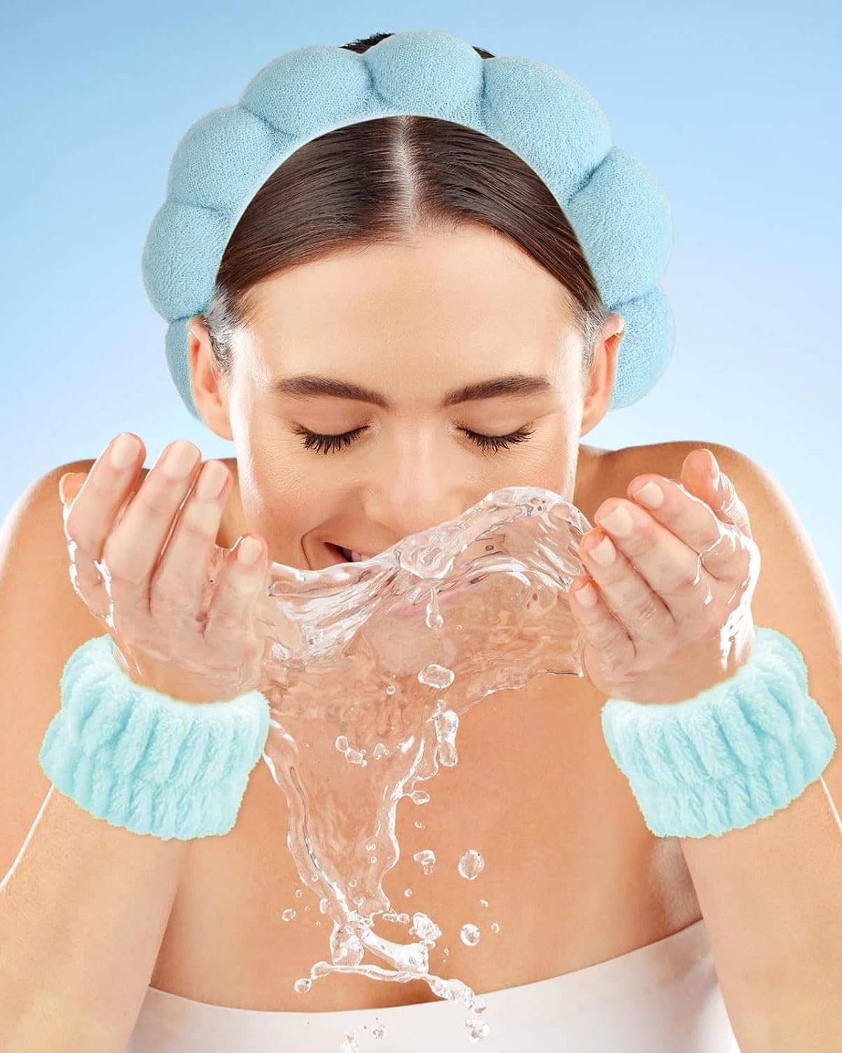 TPZORJX Sponge Headband Bracelet Sets for Washing Face Makeup Headbands for Women Girls Skin Care Removal Spa Yoga Sports Shower Headband Terry Towel Fabric Hair Band - Blue image number 5