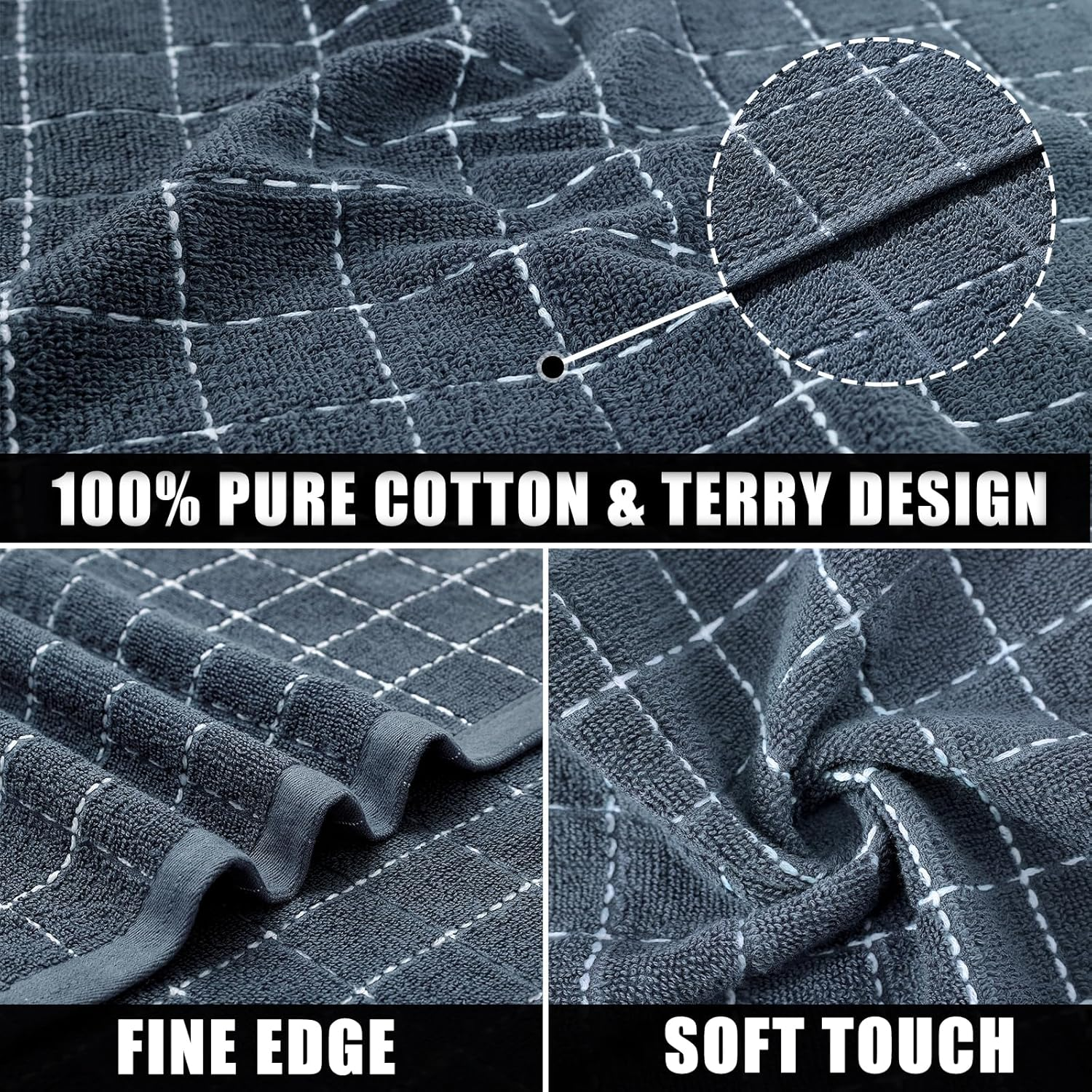 Mordimy 100% Cotton Terry Cloth Dish Cloths, Soft and Absorbent Checkered Dish Towels, Quick Drying Dish Rags for Washing Dishes, 12 Pack, 12 X 12 Inches, Grey