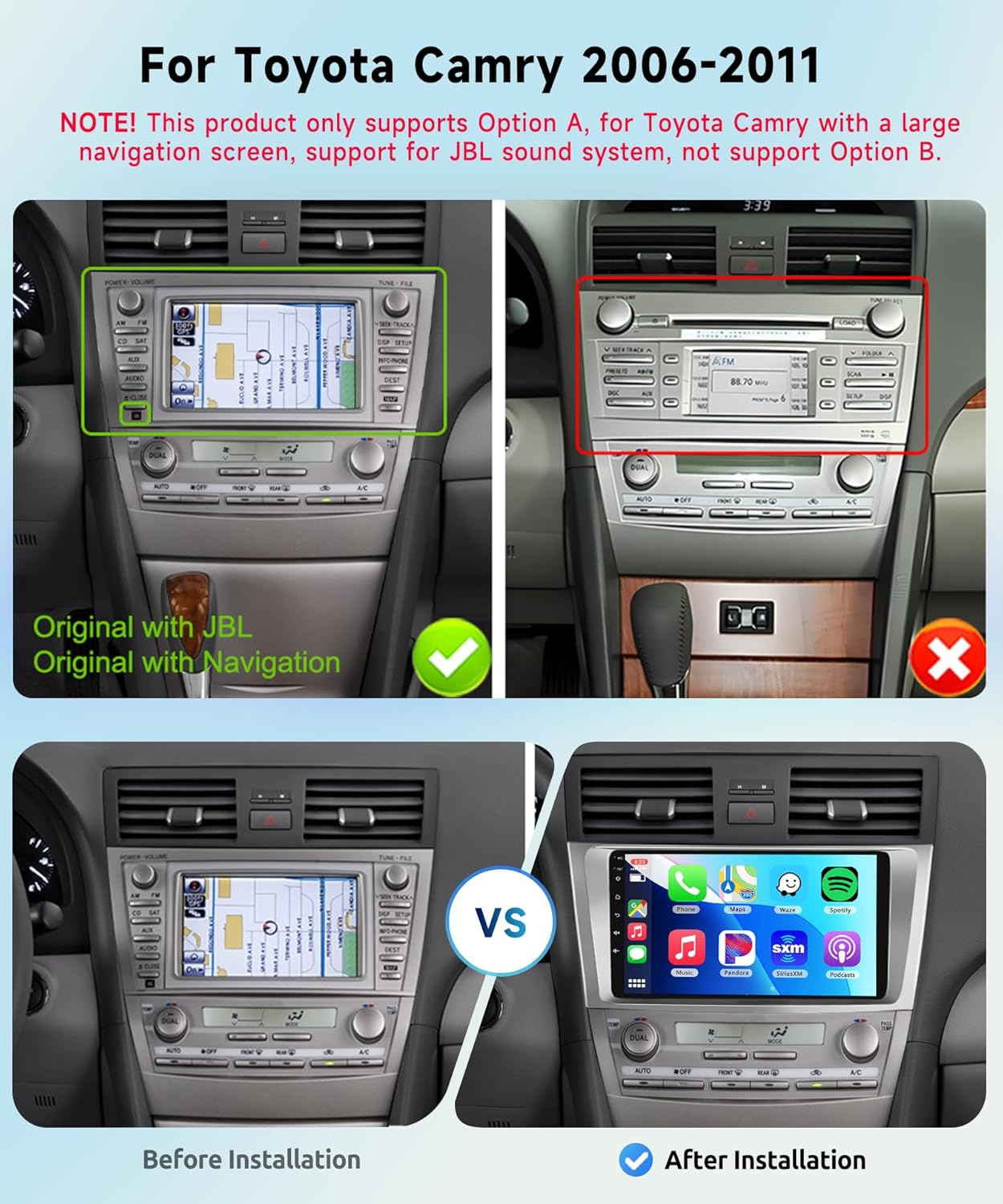 For Toyota Camry 2006-2011 with JBL 8 CORE 6G+128G Car Radio Stereo with Wireless Carplay Android Auto, 9 Inch 1280 * 720P IPS Touch Screen Android 13 GPS Wifi Bluetooth 32-Band DSP SWC HD Camera image number 6