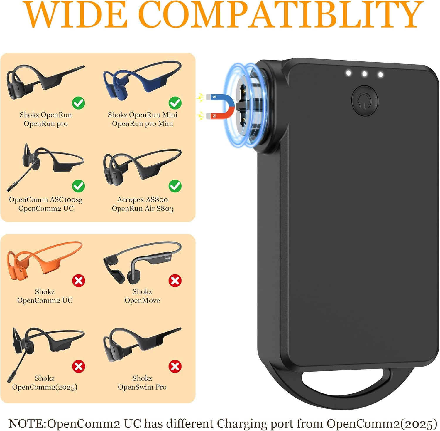 Magnetic Charger for Shokz Charger, 600Mah Wireless Portable/Travel USB C Charging Dock for Shokz Headphones Openrun, Openrun Pro/Mini, Opencomm, Aftershokz Aeropex AS800/ASC100SG image number 5