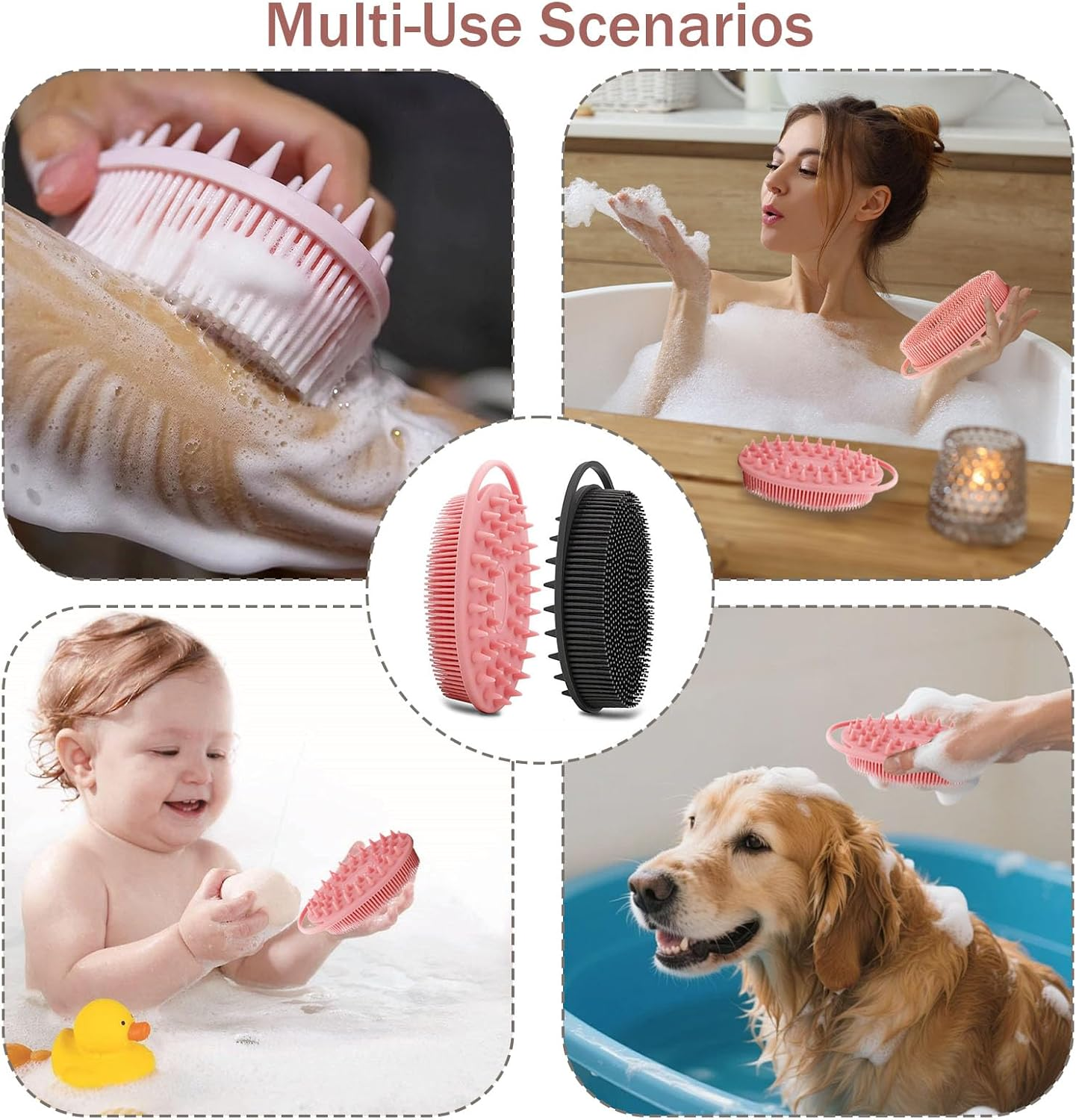 2-Pack Silicone Body Scrubber, 2-In-1 Bath Shampoo Body Brush, Soft Exfoliating Massage Loofah for All Skin Types，Double-Sided Design, Non-Slip Handle (Pink&Black) - Pinkblack image number 6