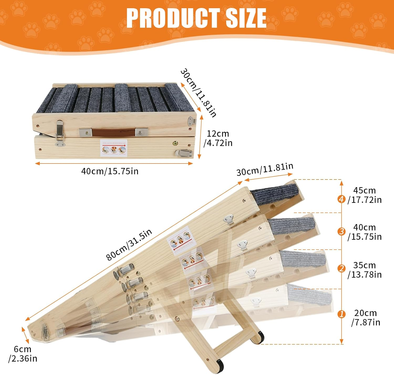 Wooden Dog Ramp, Dog Stairs for Small Dogs and Older, Adjustable 20-45 Cm, with Non-Slip Step Mat, Ramp for Pets, Portable Foldable for Bed or Sofa Car image number 1