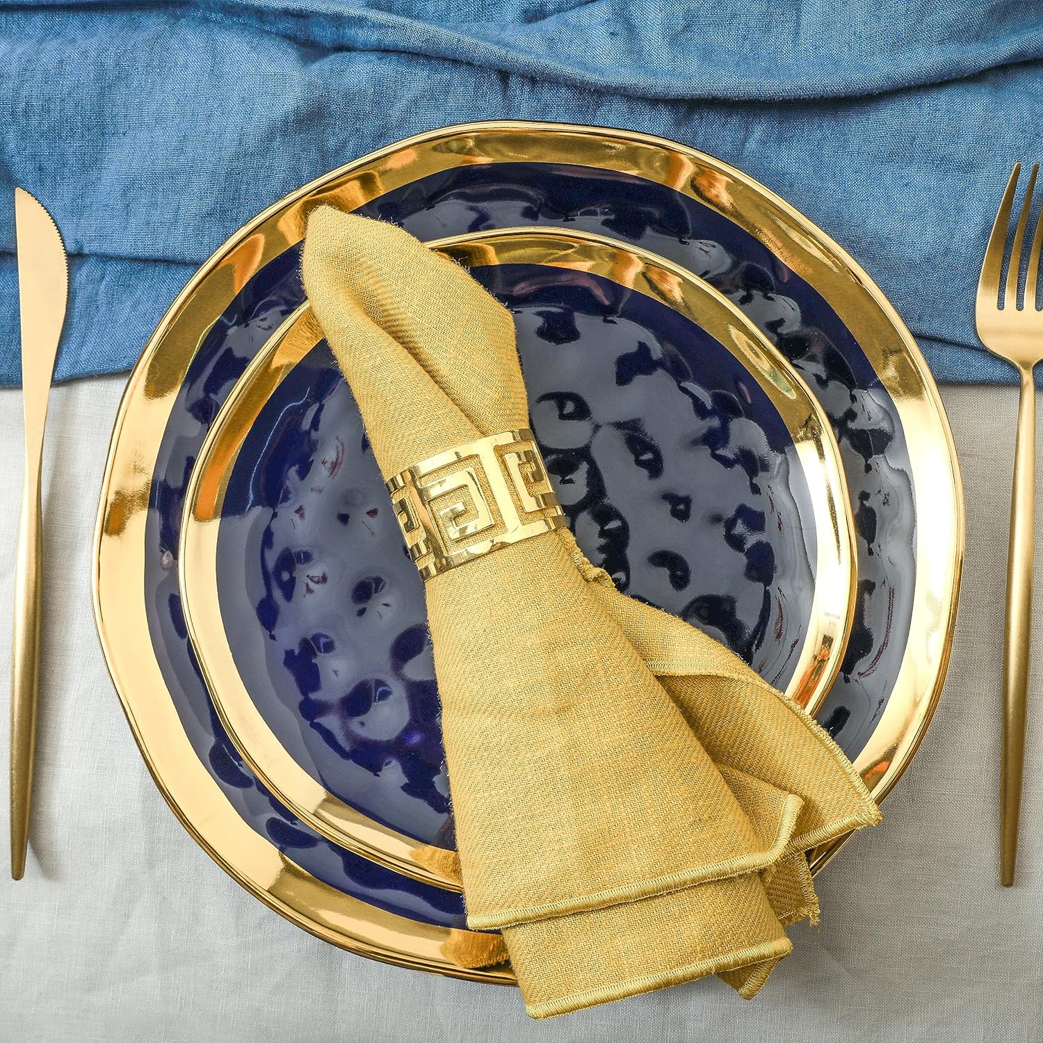 Stone Lain Porcelain 16 Piece Dinnerware Set, Service for 4, Blue and Golden Rim, Dark Blue - Blue With Gold Rim image number 5