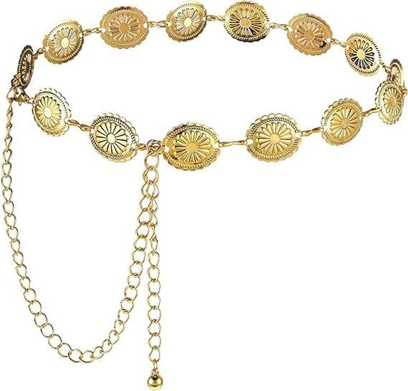 KEEPALOVE Western Metal Concho Belt, Gold Daisy Chain Belt, Adjustable Boho Waist Chain Country Concert Outfit for Dress Waist Chain, Metal Cowgirl Waists Chain Vintage