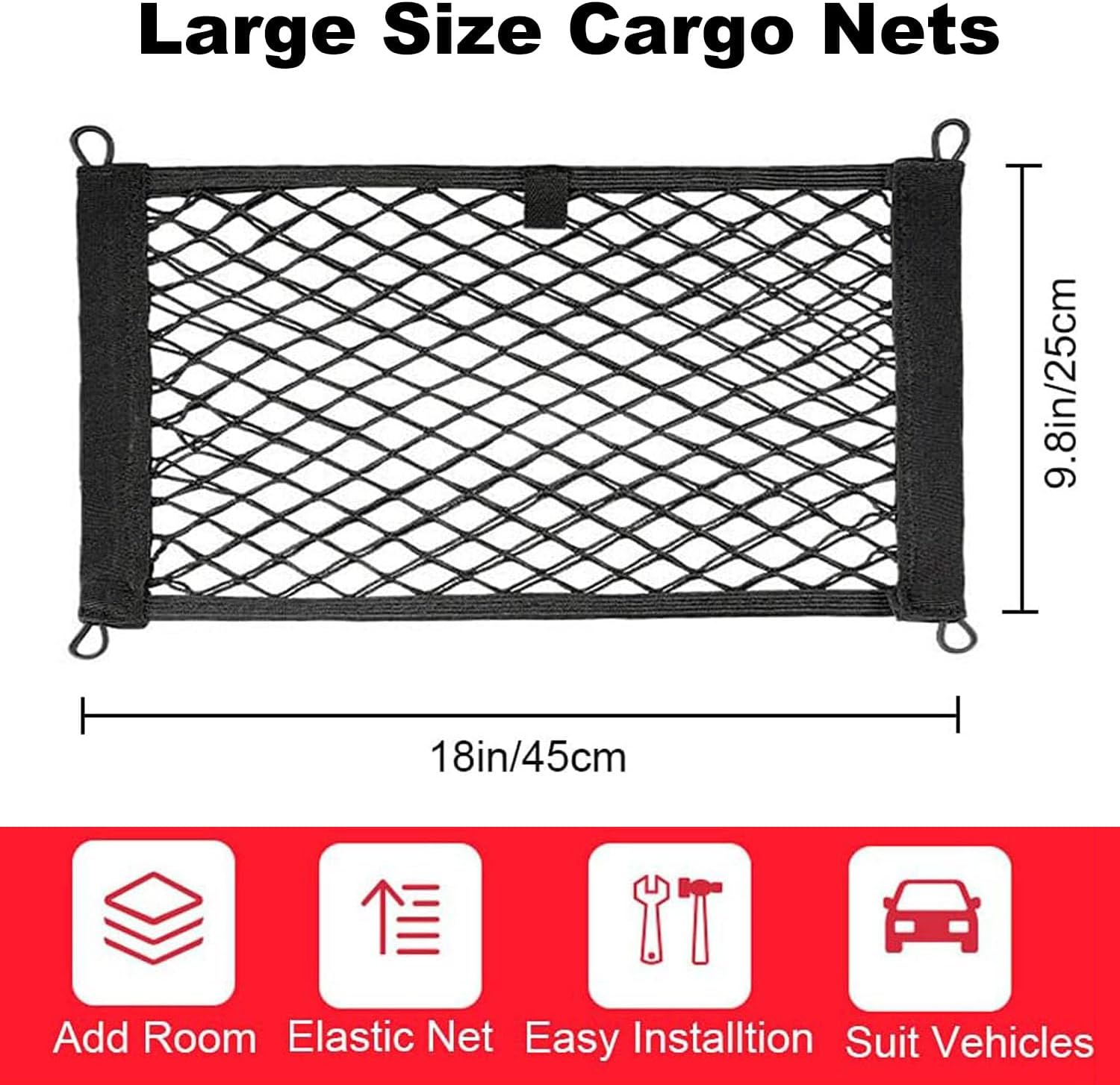 2 Pack Large Cargo Net for Trunk, Storage Mesh Net for Trunk RV Boats Home Storage Stretchable Mesh Pocket Net with 8 Mounting Screws and Hooks (18 X 9.8 Inches) image number 3