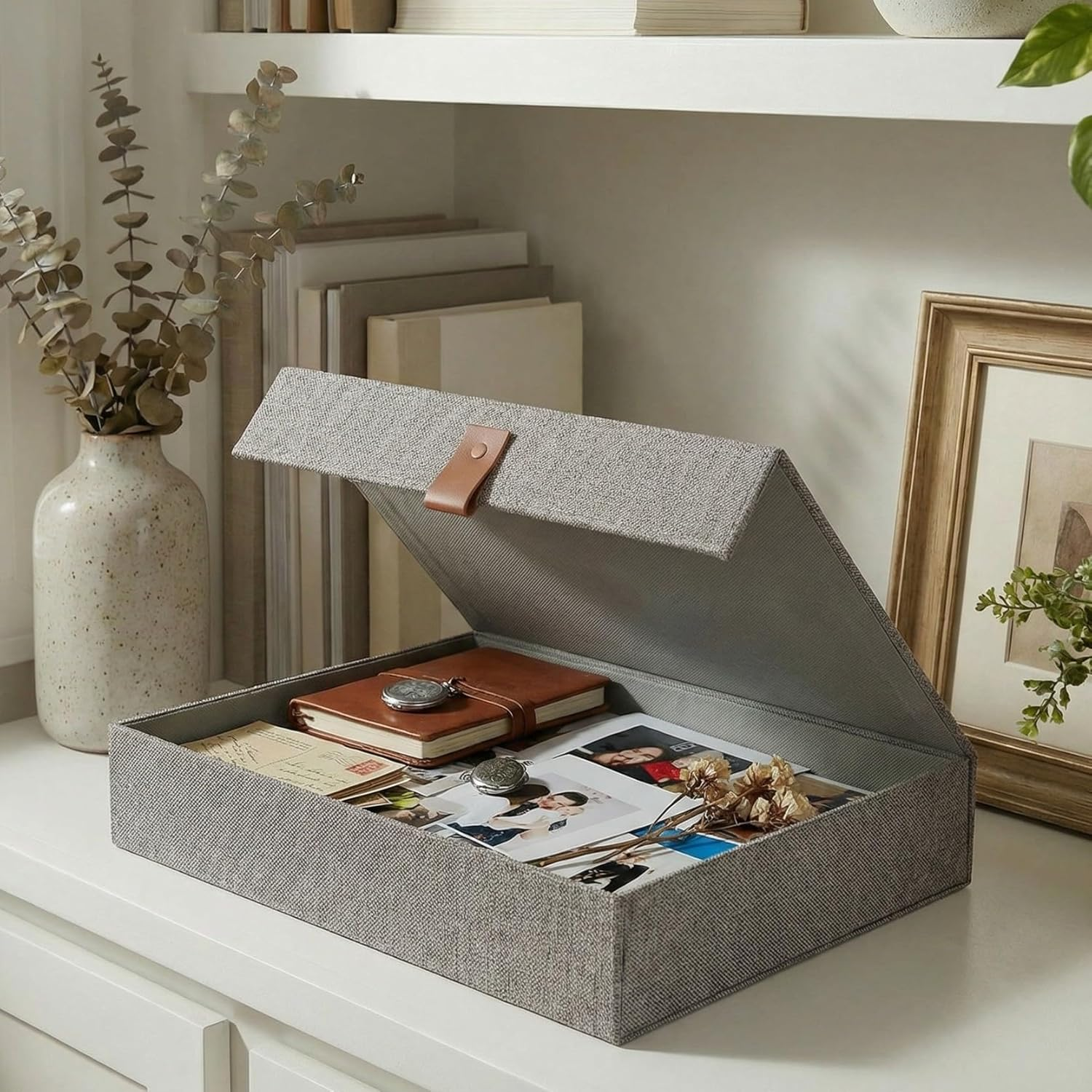 Decorative Photo Storage Boxes with Lids - Set of 2 Beautiful Linen Organizers Are Perfect to Safely Store Your Pictures, Documents, Scrapbooking Supplies, Keepsakes and Other Memories in Style