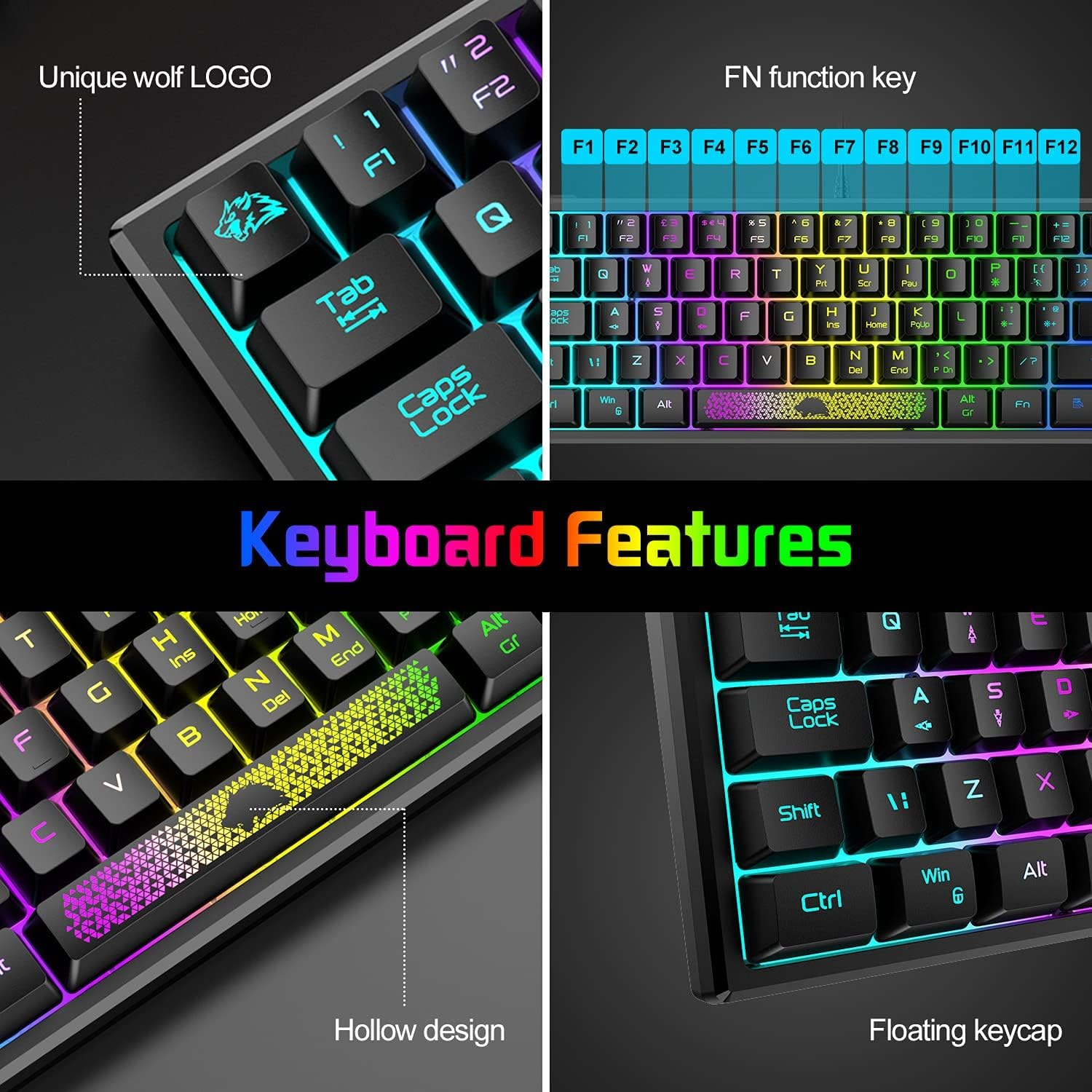 MAGIC-REFINER RK61 60% Gaming Keyboard and Mouse,Rainbow LED Backlit Gaming Keyboard with Wired Mini Portable 2400 DPI Ultralight Gaming Honeycomb Shell Mouse,Mouse Pad for Windows PC Gamers(Black)