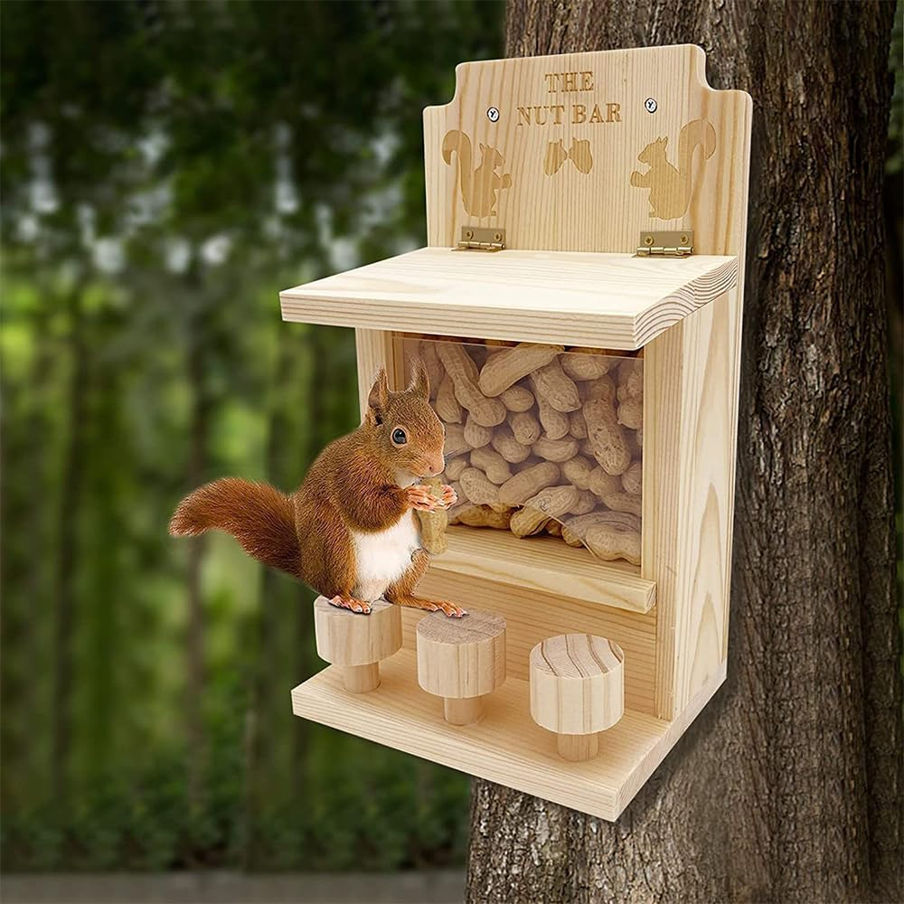 Wooden Squirrel Feeder,Durable Box Easy to Fill,Squirrel Feeders for outside with Corn Cob Holder and round Stool,Wood Waterproof Picnic Table Funny Chipmunk House Nuts Bar for Backyard Garden Outdoor image number 2