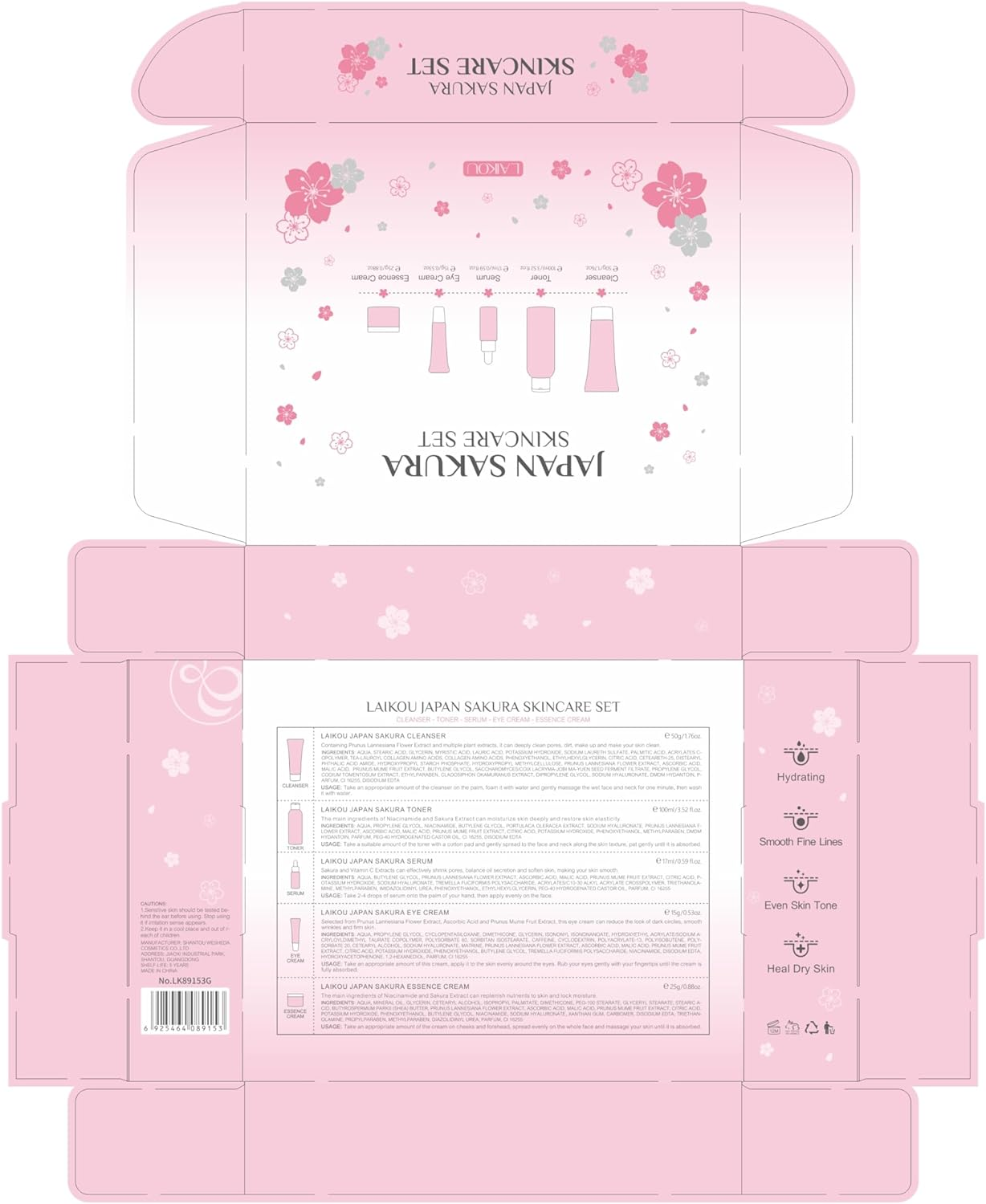LAIKOU Skin Care Set JAPAN SAKURA Women Beauty Gift Sets Skin Care Kit with Cleanser, Toner, Serum, Eye Cream, Face Cream Travel Kit for Women Teen Girls Mom Daughter Birthday Tsa-Friendly Sizes 5Pcs image number 2