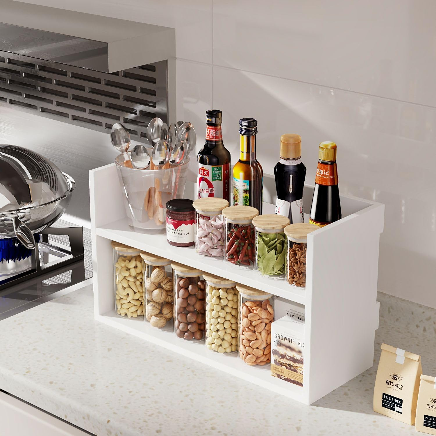 Hbluefat Desktop Organizer Shelf, Small Wood Desk Bookshelf, Tabletop Bookcase Display Storage Rack for Home Office Kitchen (2- Tier,White) image number 1