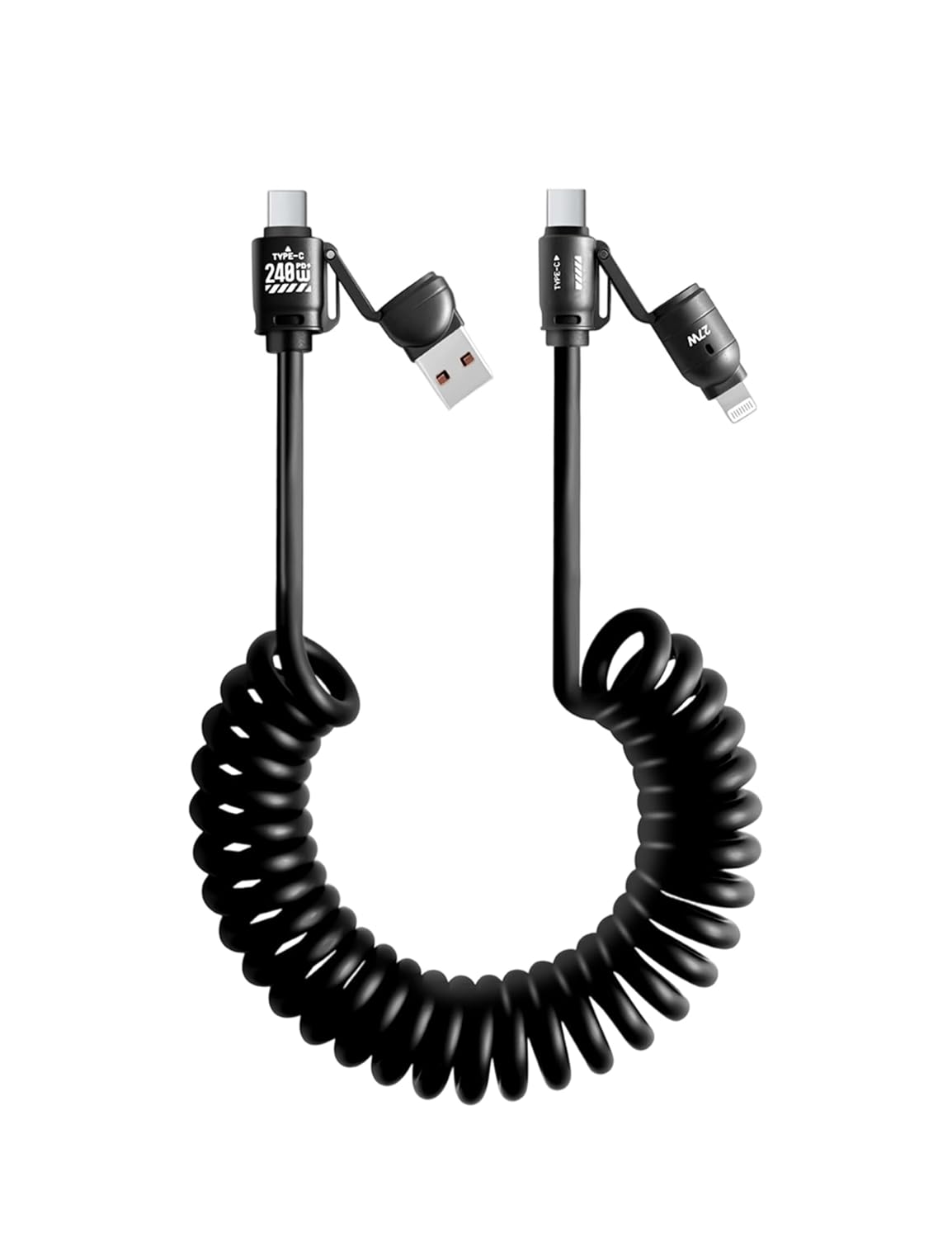 BELAROI 240W 4-In-1 Coiled Charging Cable&ndash;Zinc Alloy Fast Charger with PD 27W/65W/240W, 2M Retractable Cable(Usb-C/A & USB-C/L), Compatibility for Iphone 16/15/14, Laptops, Android, Carplay & Carlife image number 4