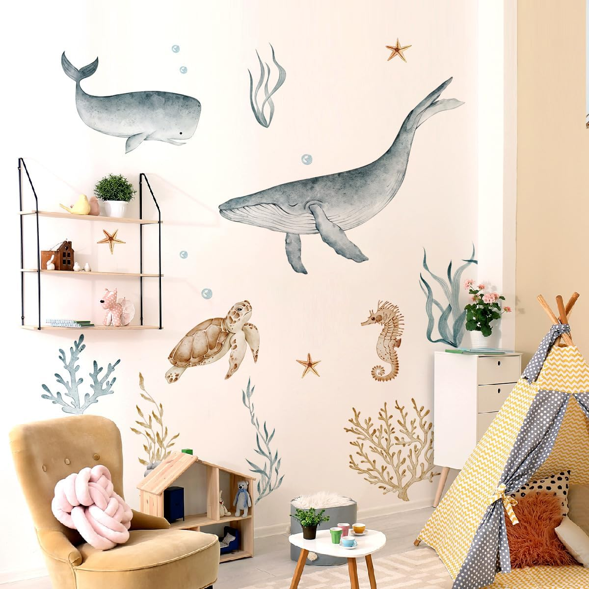 Ocean Wall Decals Watercolor under the Sea Wild Life Animals Sea Turtles Whales Wall Stickers Waterproof Peel and Stick Removable Ocean