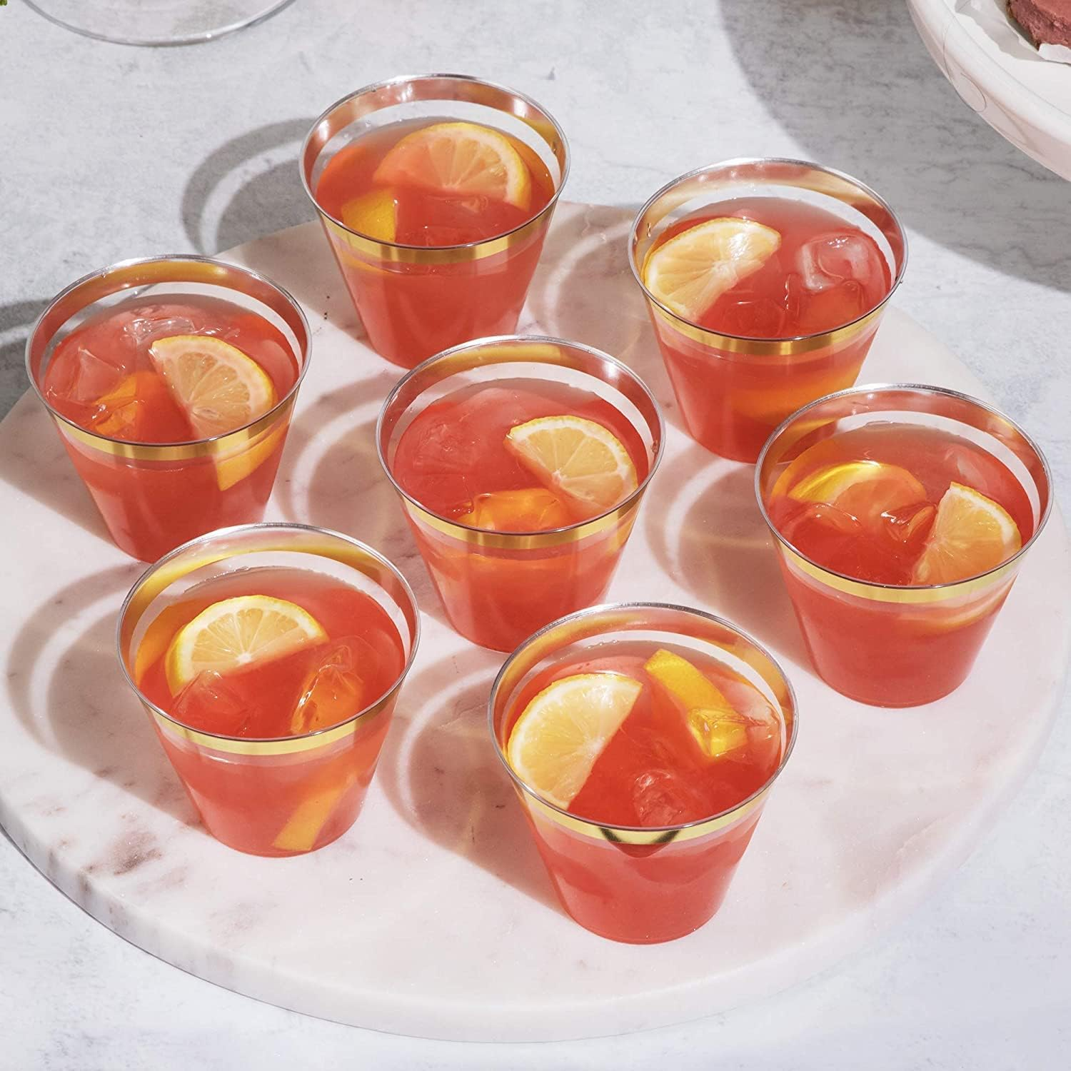 LATERN 60Pcs Gold Rimmed Plastic Cups, 270Ml Plastic Tumblers Reusable Drink Cups Elegant Party Wine Glasses for Champagne Beer Cocktail Martini Soda Dessert (8.9 X 7.1Cm) - Transparent image number 5