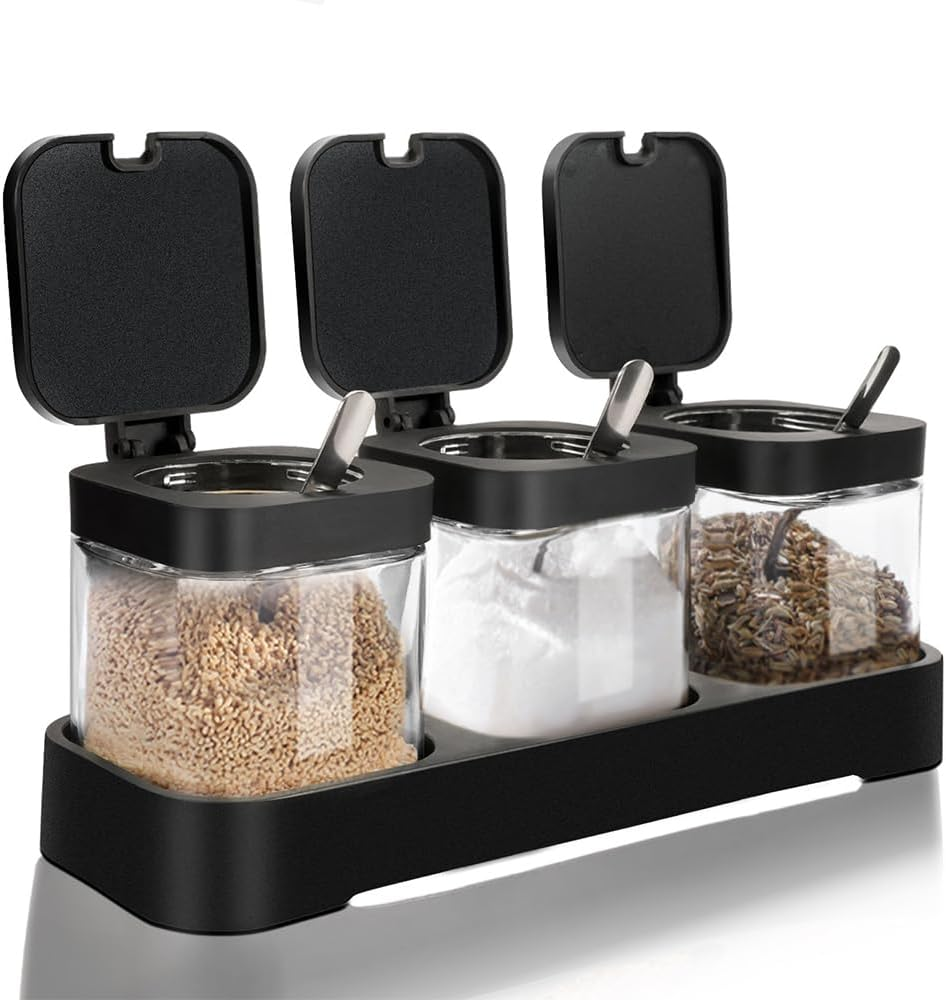 DIYJEP Pack of 3 Spice Shaker with Stainless Steel Spoon, Glass Square Spice Container with Lid and Base, Clear Sugar Bowl, Cereal Dispenser, Spice Jar for Flour, Kitchen, Seasoning, Salt, Sugar, Tea image number 2