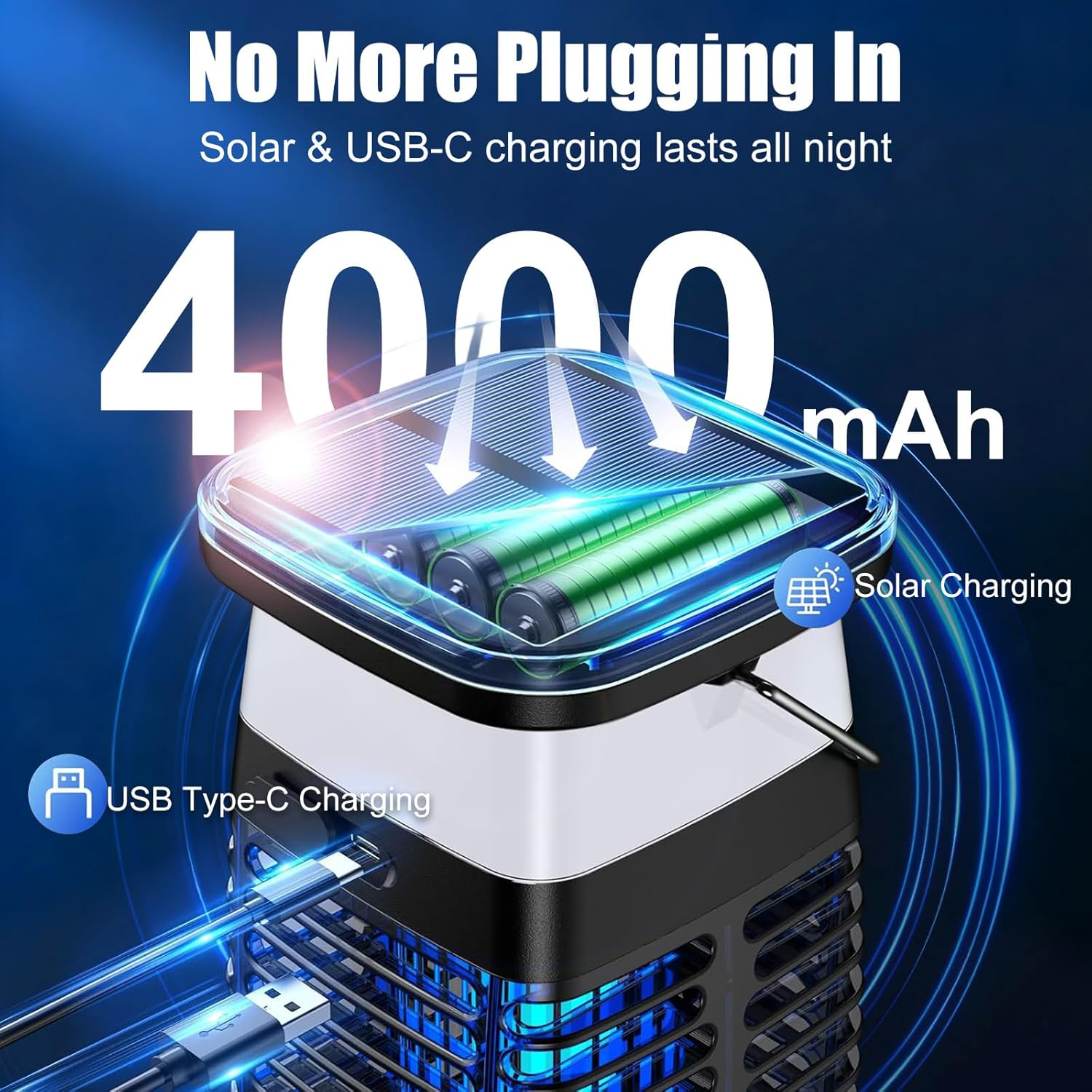 Solar Bug Zapper Electric Mosquito Zapper with Switch & 7 Modes, 4200V Rechargeable Fly Trap Outdoor & Indoor Insect Killer with RGB Light,Panel Sensor&Reading Lamp,Portable Trap Lamp for Garden&Camp image number 4