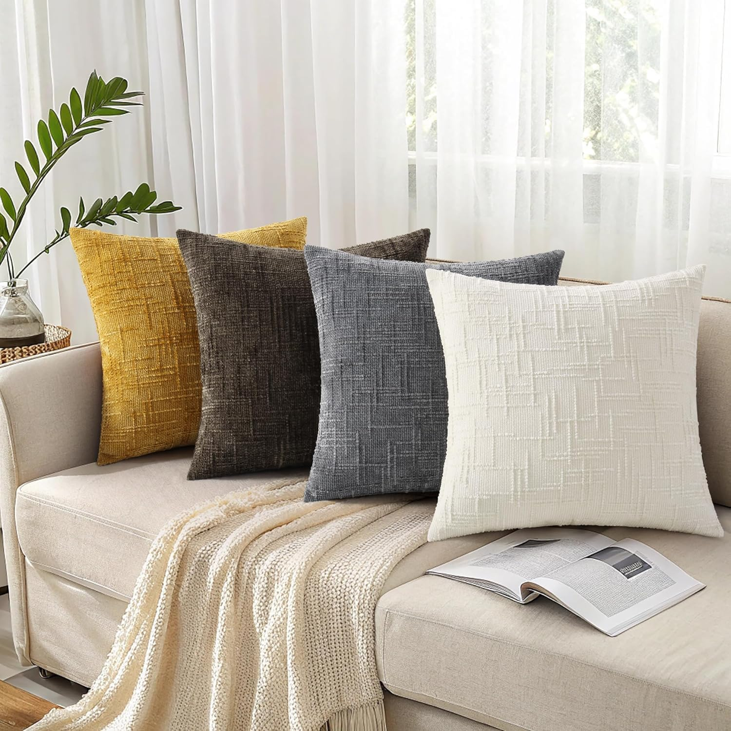 Dark Grey Chenille Throw Pillow Covers 18X18 Set of 2 Thick Textured Slubby Couch Pillow Covers Farmhouse Accent Modern Neutral Decorative Pillow Cases for Bed Sofa Living Room - Dark Grey image number 2