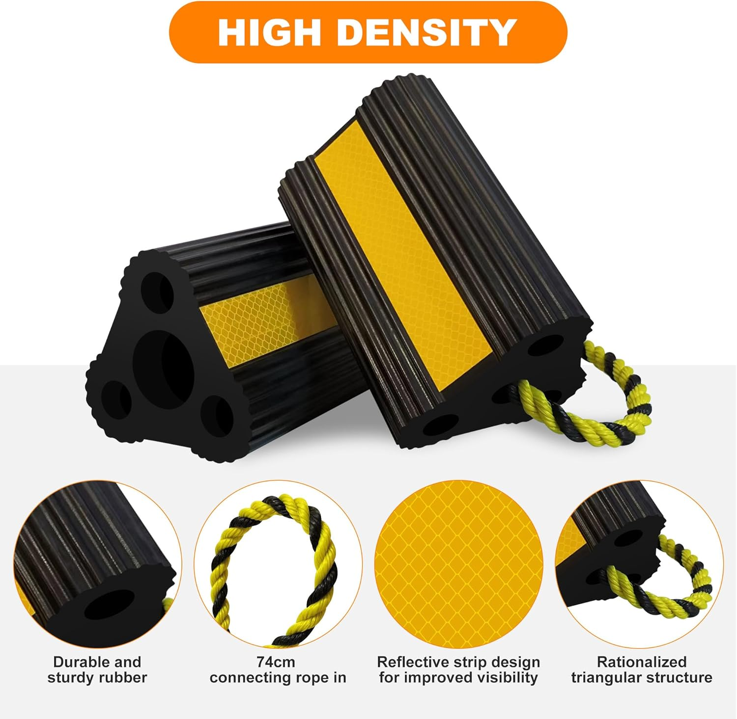 Wheel Chocks [1Pair/2Pack with Rope] for RV Trailer Camper Truck Car, Heavy Duty Rubber Tire Block with Reflective Strips, Non-Slip Base, Camper RV Accessories image number 4