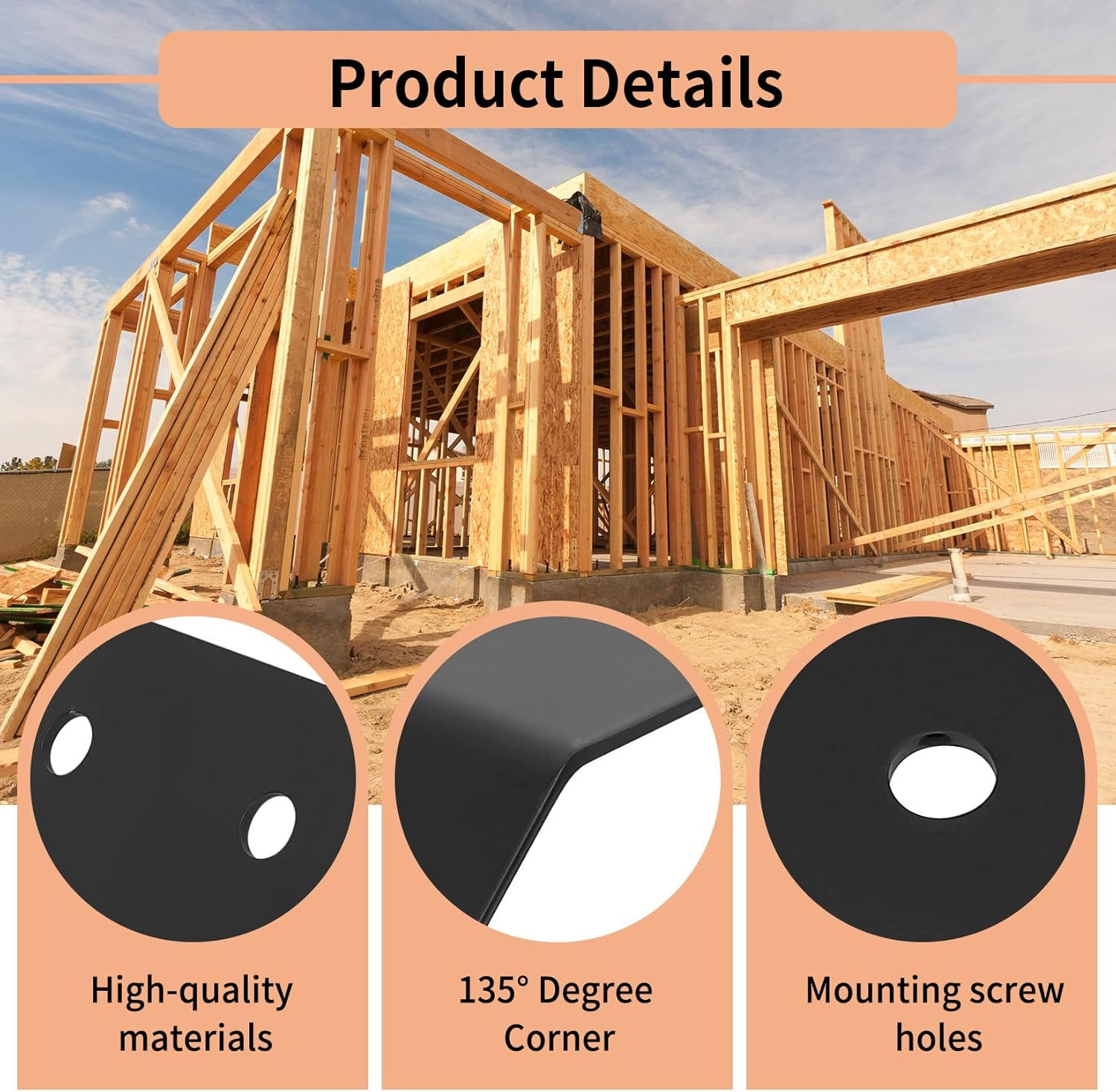 Pack of 2 Angle Connectors 135 Degrees Mounting Angle 135&deg; Angled Flush Inner 45 Degree Angle Connector for Blunt Connected Posts and Beams - 120 X 120 X 127 X 3 Mm, Black image number 3