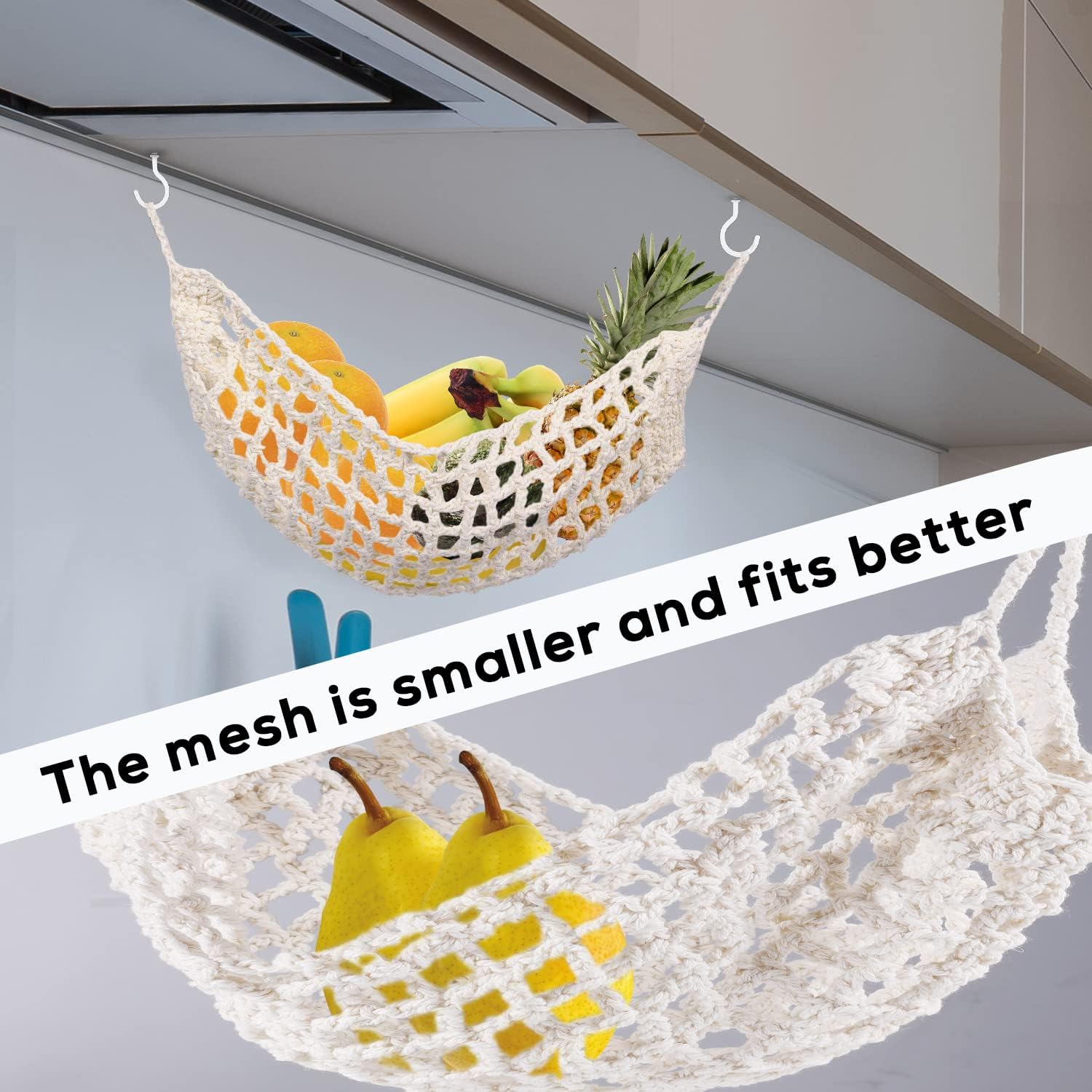 SAVITA 12.5X16Inch Hanging Fruit Hammock, Fruit Holder Hanging with 2 Hooks 100% Cotton Handmade Woven Space-Saving Fruit Basket under Cabinet for Kitchen Ship Storage image number 4
