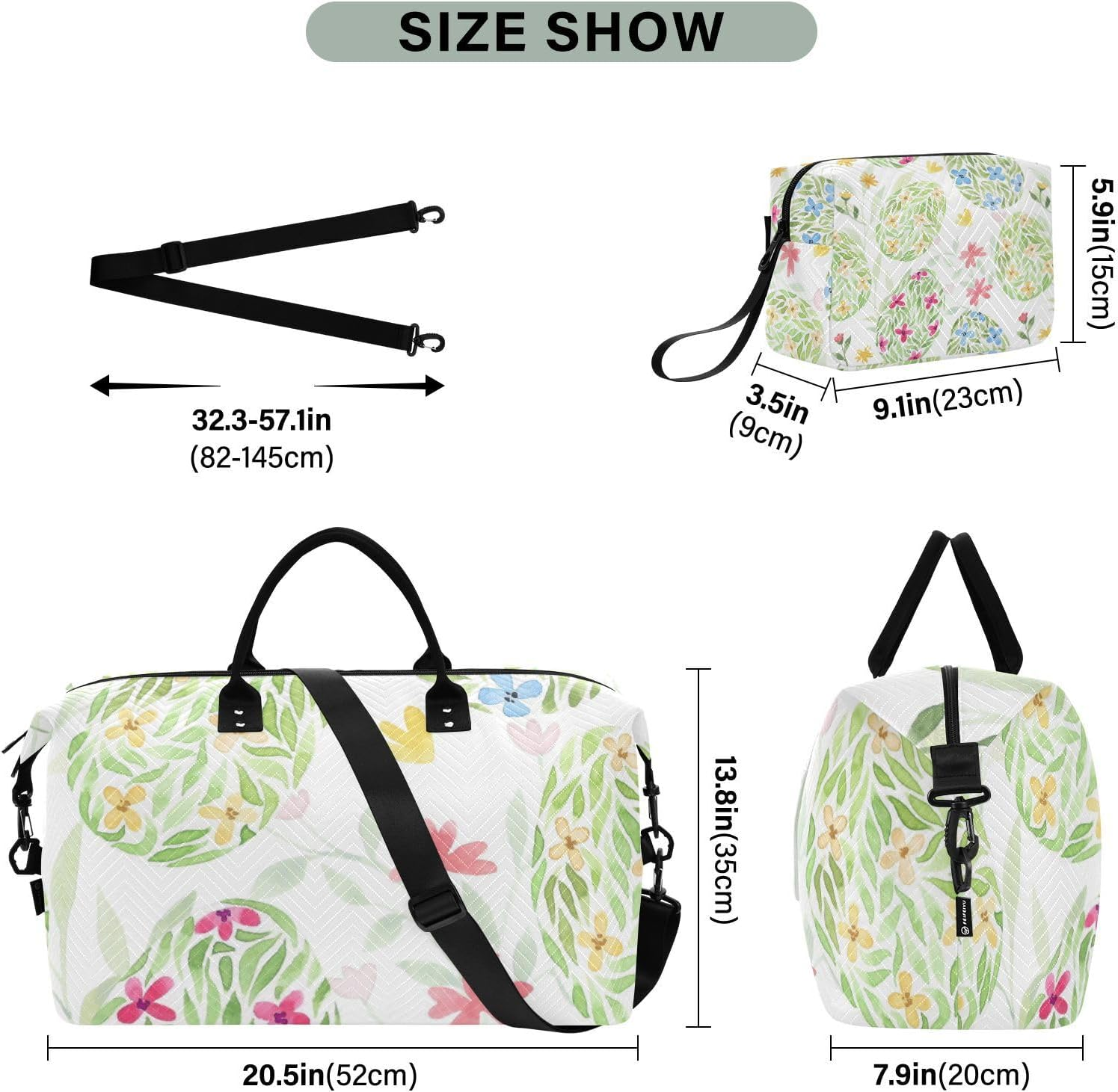 Large Travel Duffel Luggage Shoulder Weekender Overnight Bag Happy Easter Eggs Floral Ornament Sports Gym Tote Bag, Happy Easter Eggs Floral Ornament, Set of 2, Art Deco