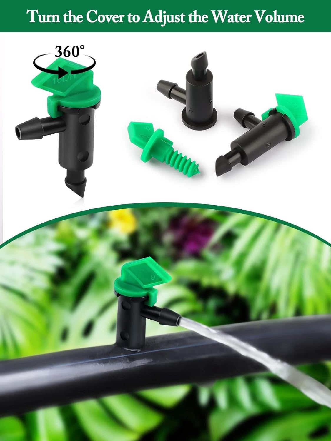 Kalolary 90 Pieces Drip Emitter, 3 Colors Garden Flag Irrigation Drippers in 3 Sizes, 1 GPH, 2 GPH, 4 GPH per Hour for Trees and Shrubs Watering image number 3