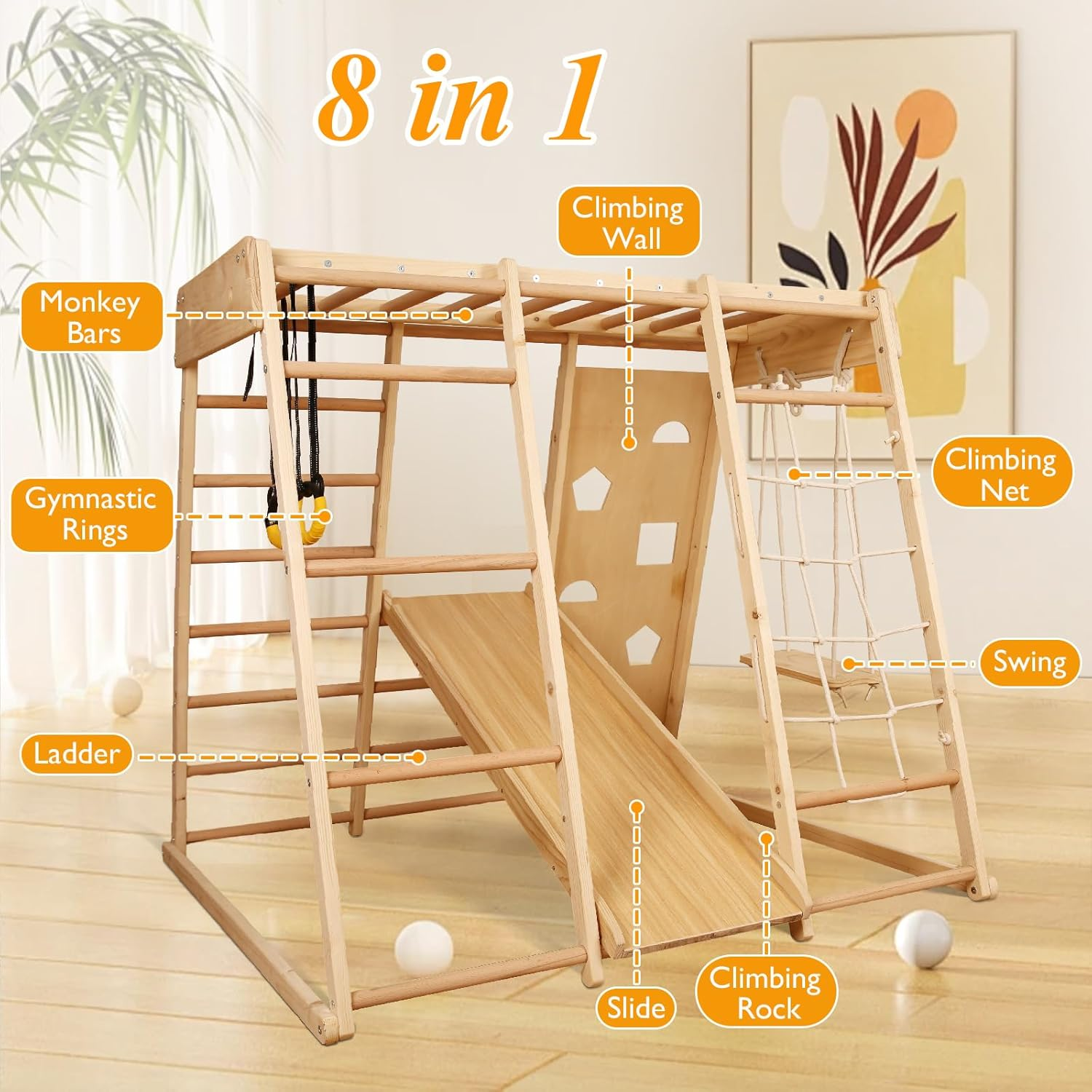 Indoor Playground Toddler 8-In-1 - Climbing Toys for Toddlers with Gymnastic Rings, Swing, Climbing Wall & Monkey Bars, Indoor Jungle Gym for Physical Development image number 1