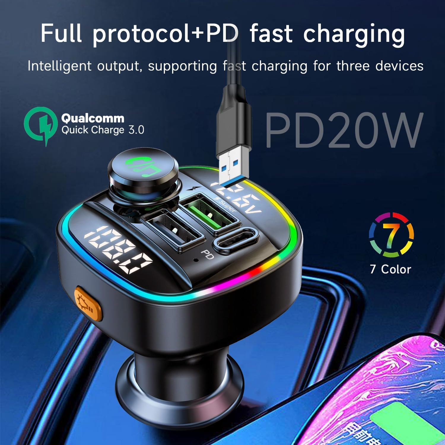 QUMOX Bluetooth 5.0 FM Transmitter for Car, C22 Adapter with 30W PD Fast Charging, Voltage Display, Big Knob Control, USB/TF Music Playback, Voice Assistant, Hands-Free Calls image number 4