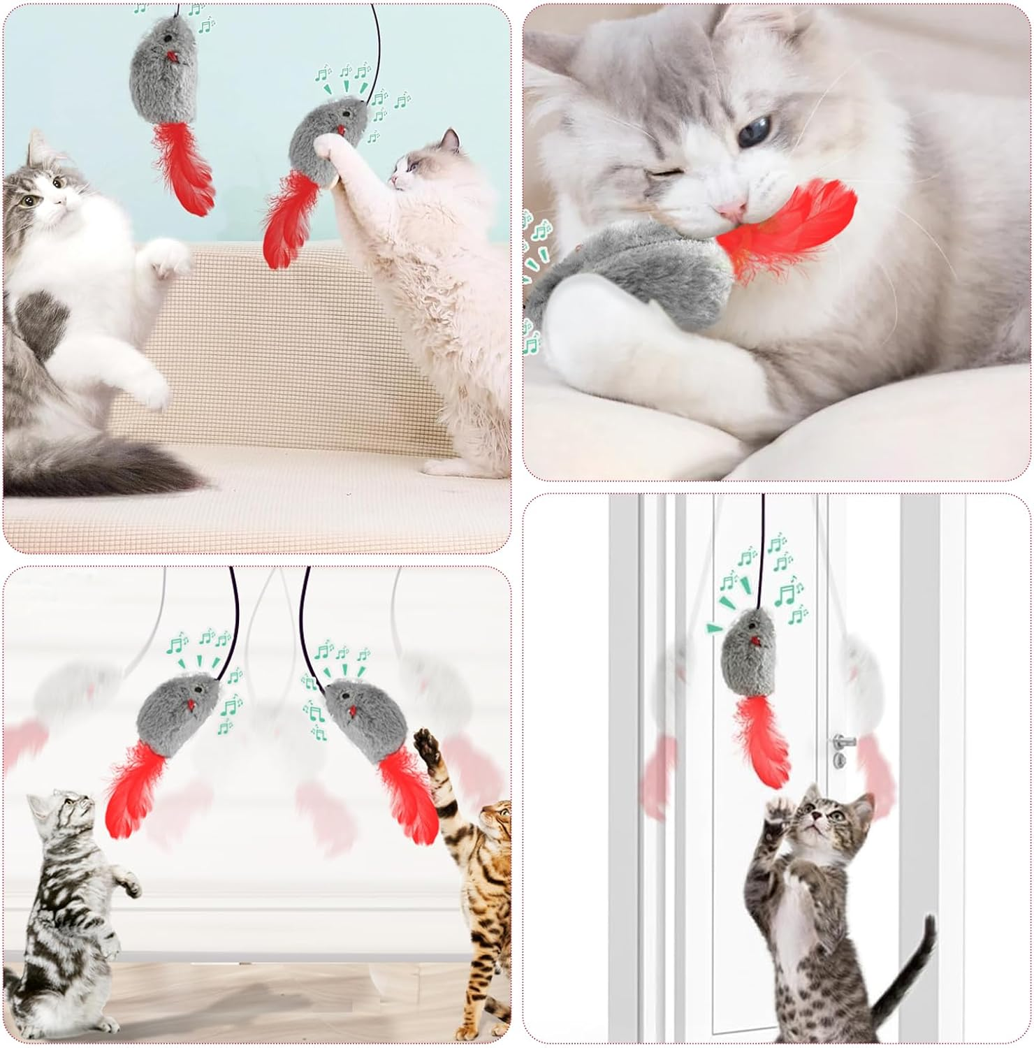 AOUZOVLI 4 Pieces Cat Toy Interactive Mouse Teaser Wand Hanging Door Frame with Squeaky Sound Realistic Mouse Design Feather Tail for Cat Run (Grey) image number 4