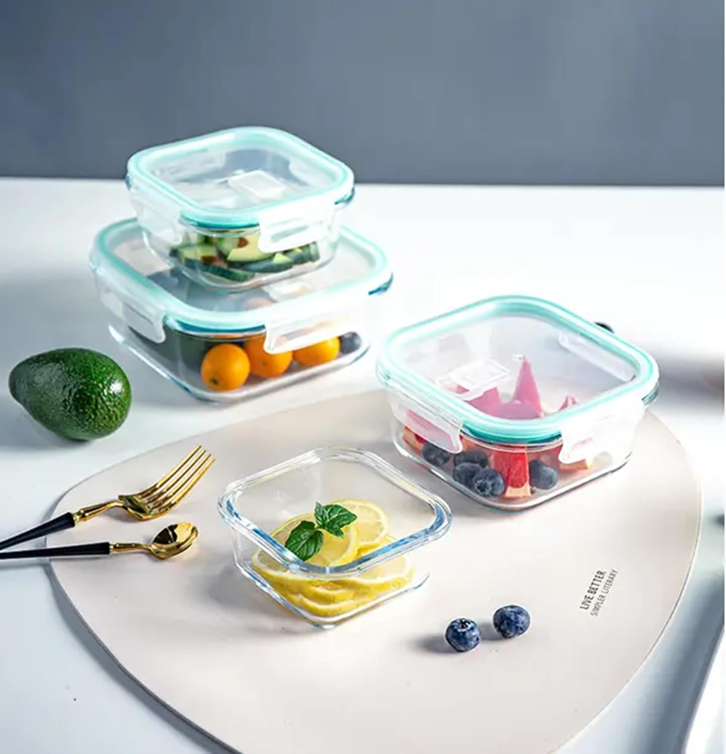 Sophistik 3-Pack Glass Crisper Bento Lunch Box Set - Borosilicate Glass Food Storage Containers with Lids - Rectangular, Round, and Square Meal Prep Containers for Kitchen