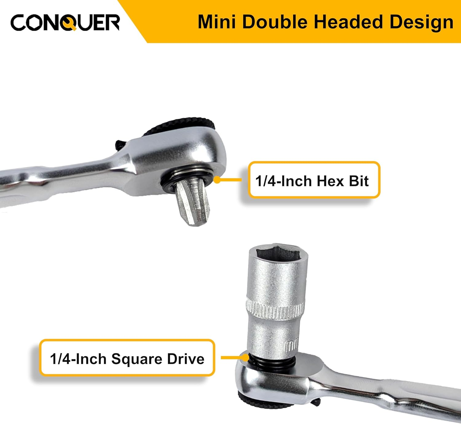 CONQUER Mini Combo Dual Ratchet Wrench with 1/4" Square Drive and Bit Drive High Torque 72-Tooth Gear Head and Spin Disk image number 1