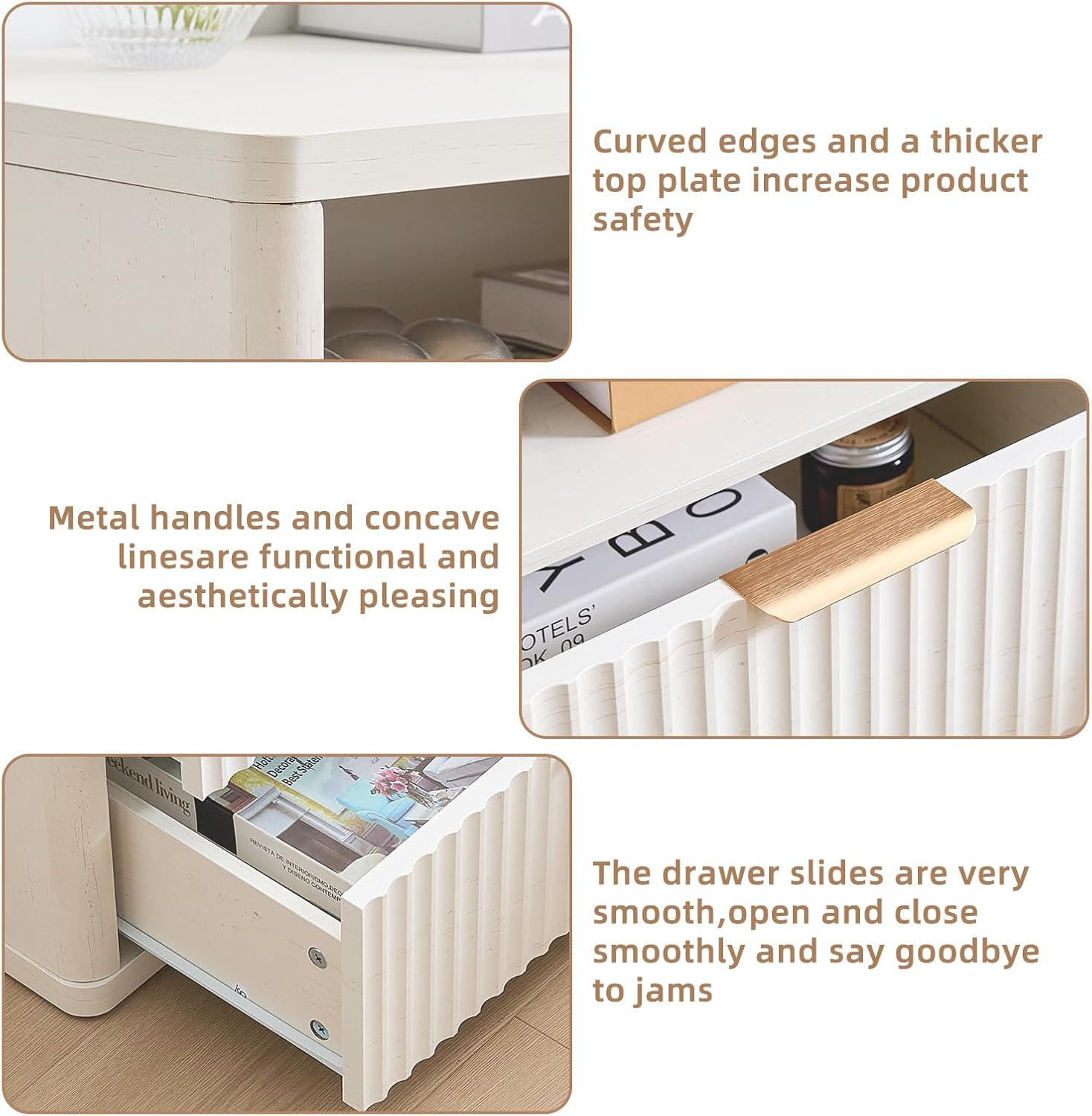 LELELINKY 58 X 39 Cm Fluted Bedside Table with 2 Drawers,Modern White Bed Side Tables Storage Chest of Drawers with Open Shelf,Wood Nightstand Cabinet with Metal Handles for Bedroom,Living Room image number 2