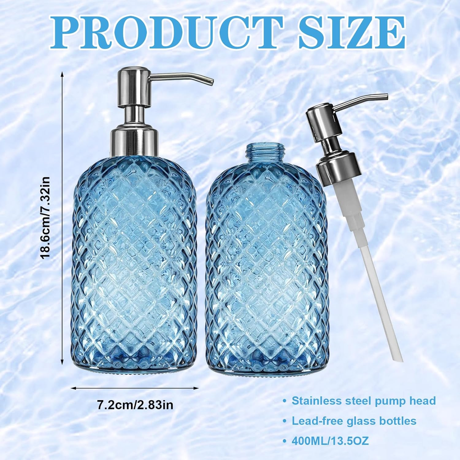 Glass Soap Dispenser Set &ndash; 2 Pack 13.5Oz (400Ml) Gem-Patterned Refillable Hand Soap Dispenser with Rust Proof Stainless Steel Pump Clear Bathroom & Kitchen Dispenser for Dish Soap, Lotion