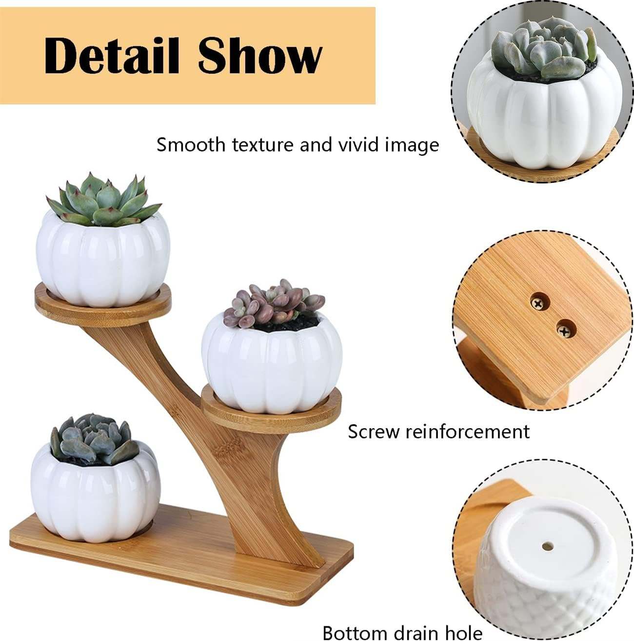 3Pcs Pumpkin Succulent Pots Bamboo Wood Shelf Flower Pot Stand Holder, Modern Minimalist White Ceramic Succulent Planter Pot for Office, Desk, House Balcony（Flower Pot Not Included） image number 1