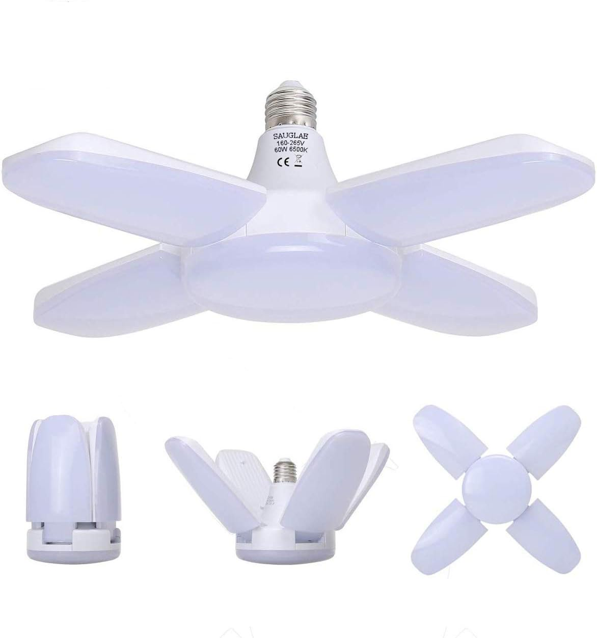 LED Garage Lights, E27 Deformable 60W 6000LM, Daylight White 6500K, LED Garage Light Bulbs with 4 Adjustable Panels for Garage, Warehouse, Workshop, Basement (Pack of 1)