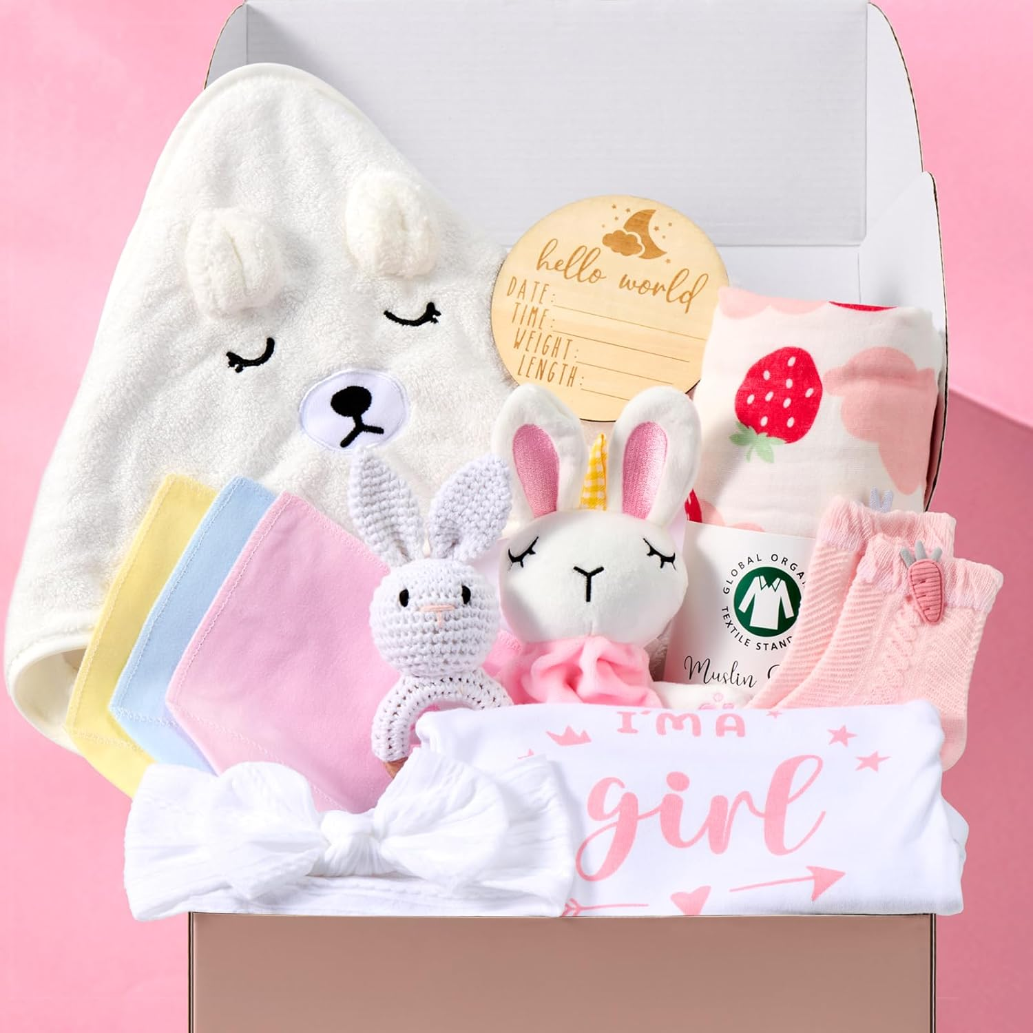 Baby Girl Gifts Basket, Newborn Girl Essentials for Baby Shower, Hooded Bath Towel, Muslin Swaddle Blanket, Girl Bodysuit, Bunny Rattle, Lovey, Baby Bibs, New Mom Gifts Box for Women image number 1