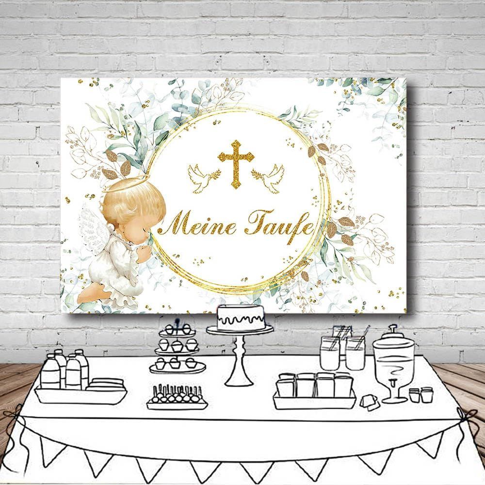 MEHOFOND 2.1 X 1.5 M My Christening Background Baby Angel Eucalyptus Leaves Flowers Background Boys Girls Newborn Baby Shower First Communion Christening Party Banner Photo Props