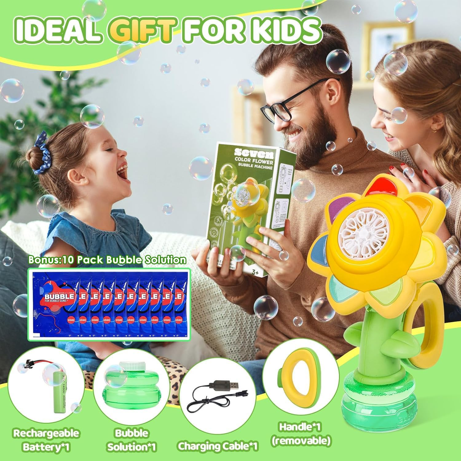 Bubble Machine for Kids, Rechargeable Dancing Sunflower Bubble Maker, Light up Automatic Bubble Blower Toys for Baby Childrens Girls Gift, Bubble Blaster Party Favors, Bonus 10 Pack Bubble Solution image number 3
