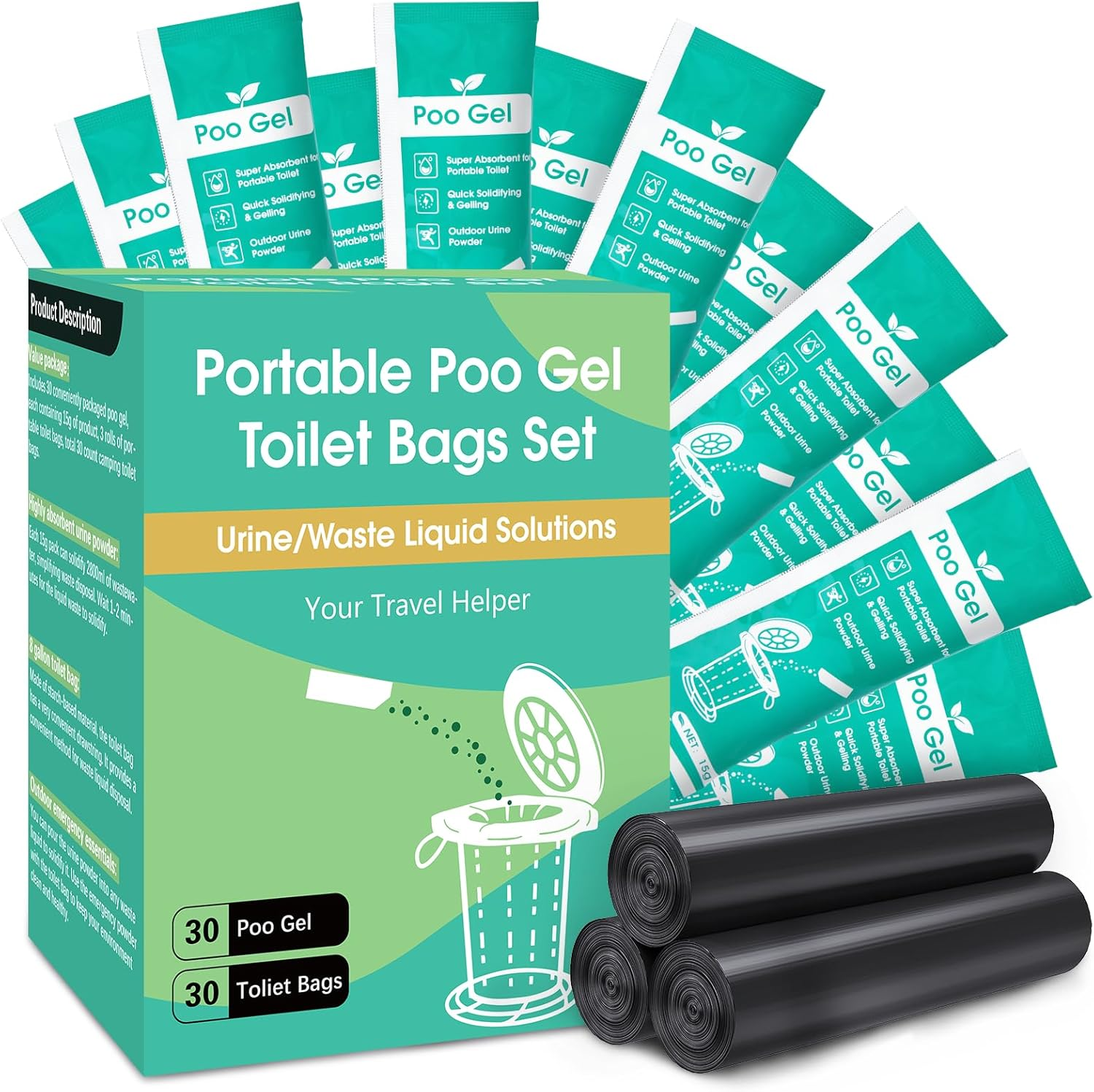 30 Portable Toilet Bags Poo Gel Set, 8 Gallon Camping Toilet Bags with Portable Absorbent Toilet Gel, Urine Powder with Potty Trash Waste Bags for Outdoor Camping, Traveling, Emergency