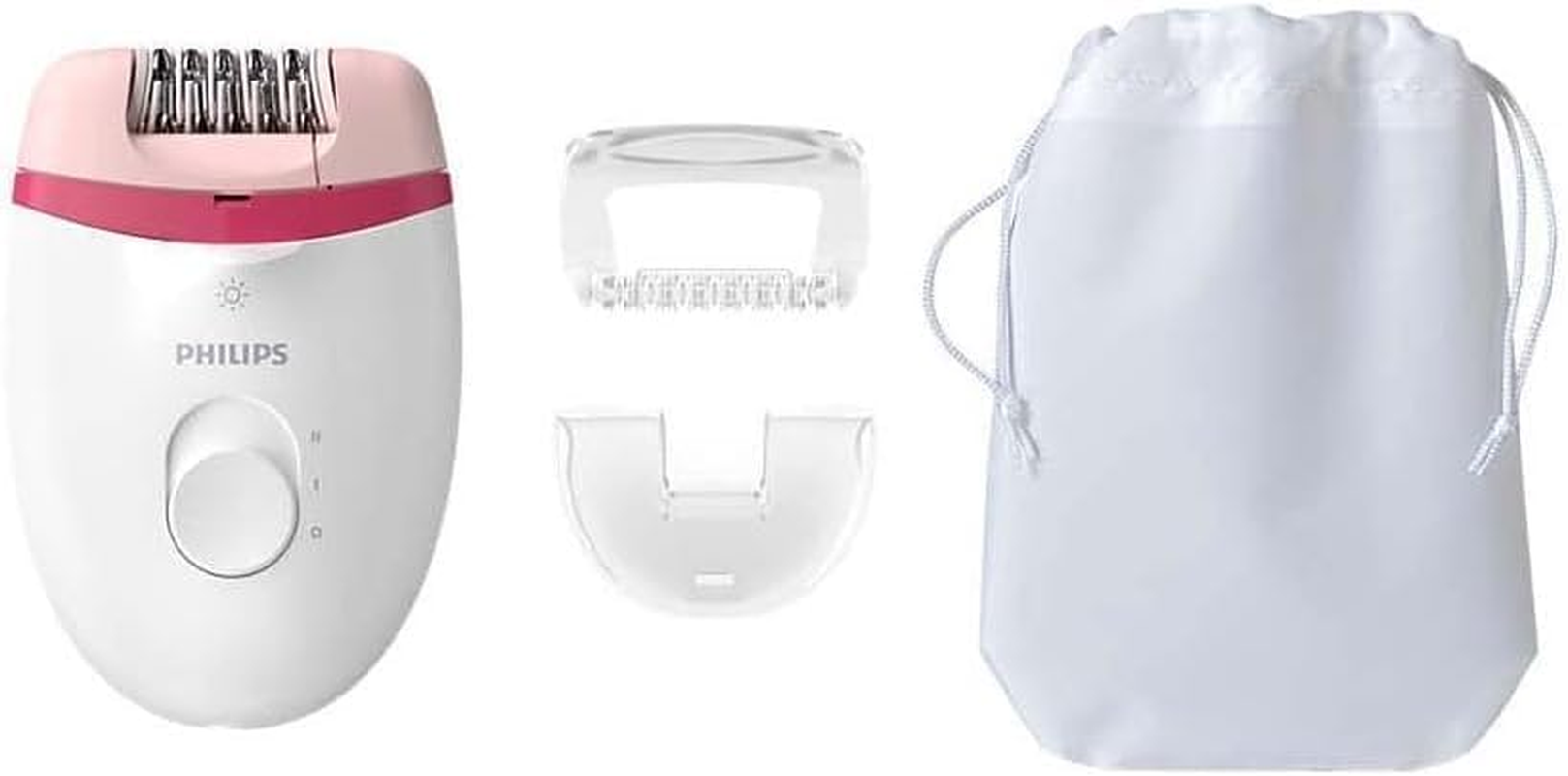 Philips Satinelle Essential Corded Compact Epilator for Legs - Includes Built-In Opti-Light, 2 Speed Settings and Travel Pouch, White/Pink, BRE255/00 image number 1