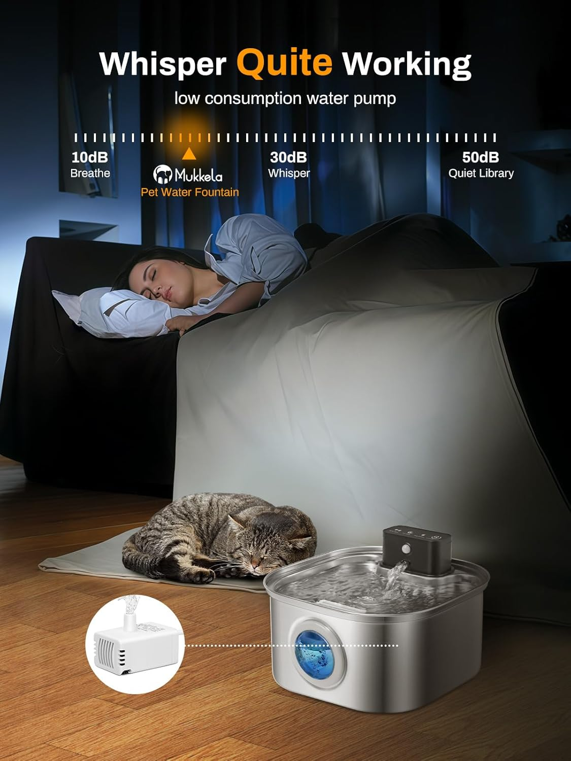 Wireless Cat Water Fountain, 4000Mah Battery Operated, 3.2L/108Oz Cordless Automatic Stainless Steel Pet Fountain with Motion Sensor, Rechargeable Cat Drinking Fountain with Ultra-Quiet Pump for Pets