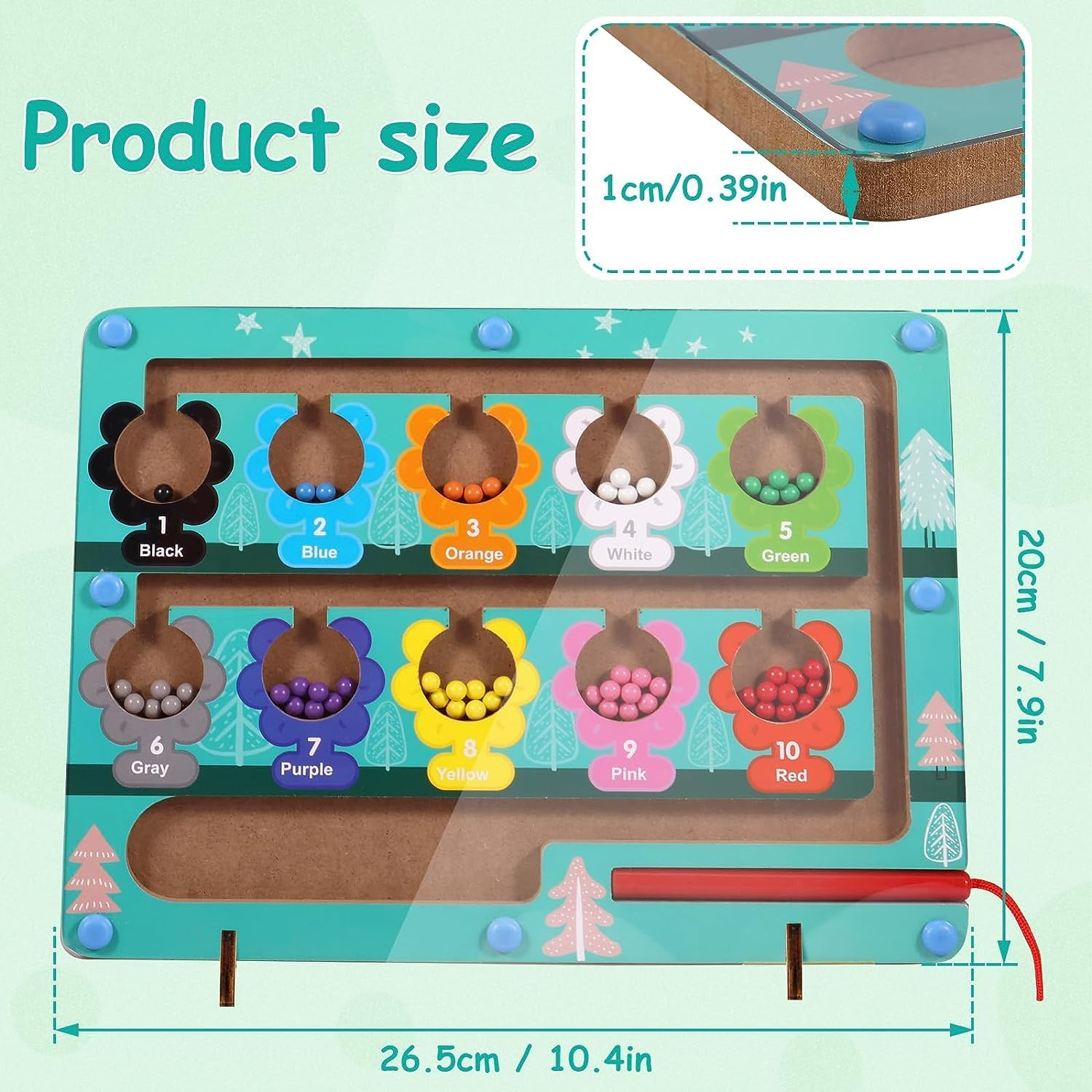 Magnetic Color and Number Maze，Montessori Wooden Magnet Board Puzzles Toddler Activities Counting Matching Games，Fine Motor Skills Preschool Learning Education Toys for Boys Girls (Flower) image number 1