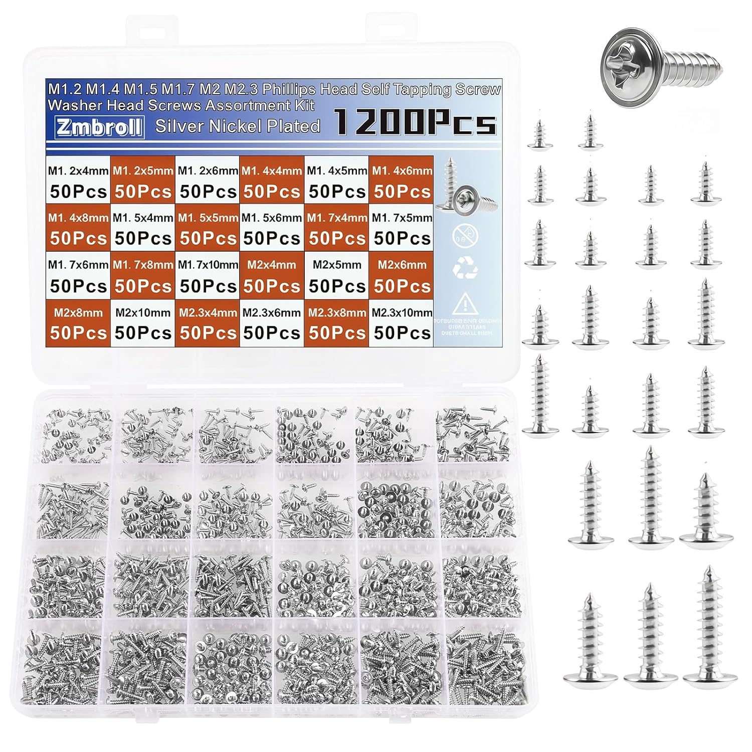 Zmbroll 1200Pcs Silver Phillips Truss Head Self-Tapping Screws M1.2/1.4/1.5/1.7/2/2.3 Wafer Head Wood Screws Pan Head with Washer Tapper Fastener Tiny Screw Micro Screws for Electronic Repair