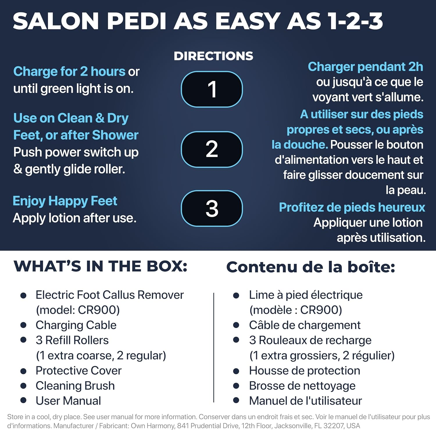 Electric Foot Callus Remover, Foot Scrubber: Own Harmony Rechargeable Mens Pedicure Kit Tools, Professional Feet File Hard Skin Remover, Best for Dead Skin and Cracked Heel Pedi Care Spa - 3 Rollers