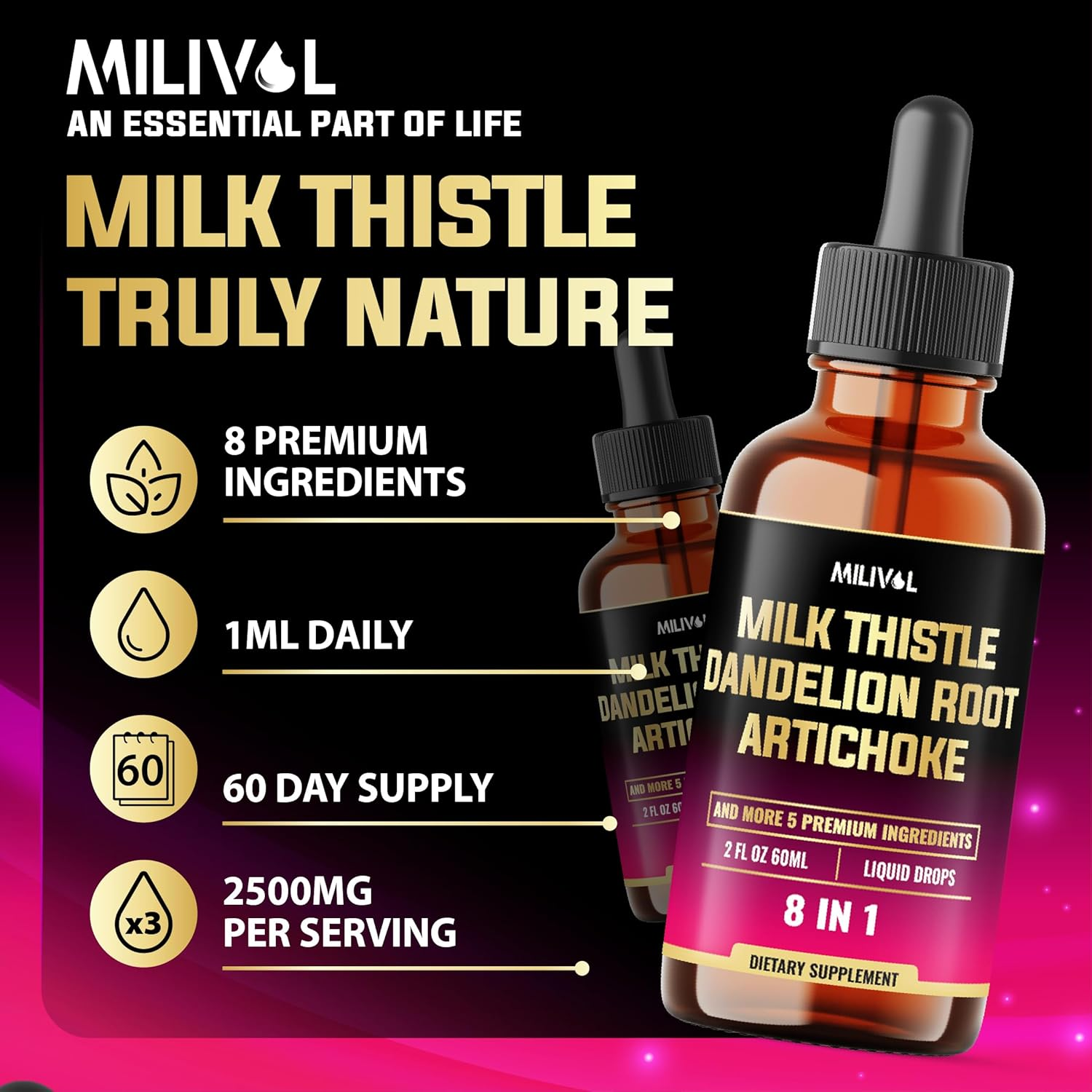 8In1 Milk Thistle Liquid Drops with Dandelion Root, Artichoke Leaf and 5 More Herbals - 60 Days Supply - 2 Fl Oz image number 1