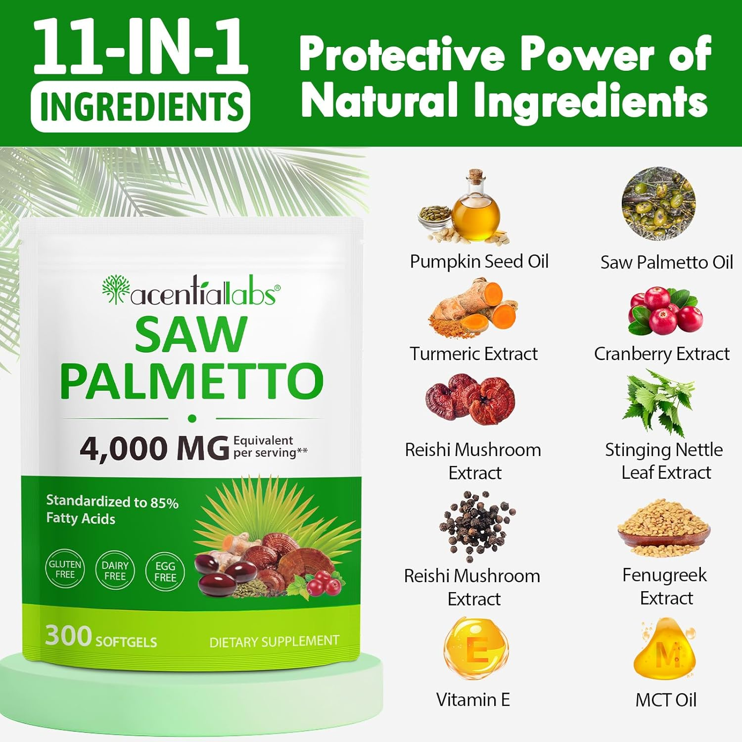 Saw Palmetto 4000Mg | Standardized to 85% Fatty Acids | with Pumpkin Seed, Stinging Nettle, Reishi & More | Non-Gmo | Gluten, Dairy & Egg Free | 300 Softgels image number 1