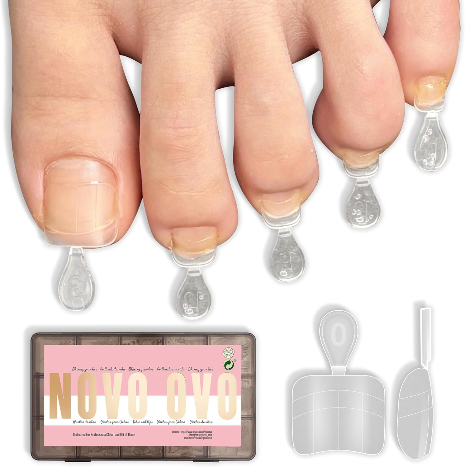 NOVO OVO Upgraded Flexible Half Cover Soft Gel Fake Toe Nail Tips with Auxiliary Line for Toenail Extension, Square round Medium Wide for Men Women Acrylic French Pedicure Salon DIY X 15 Sizes 240 Pcs