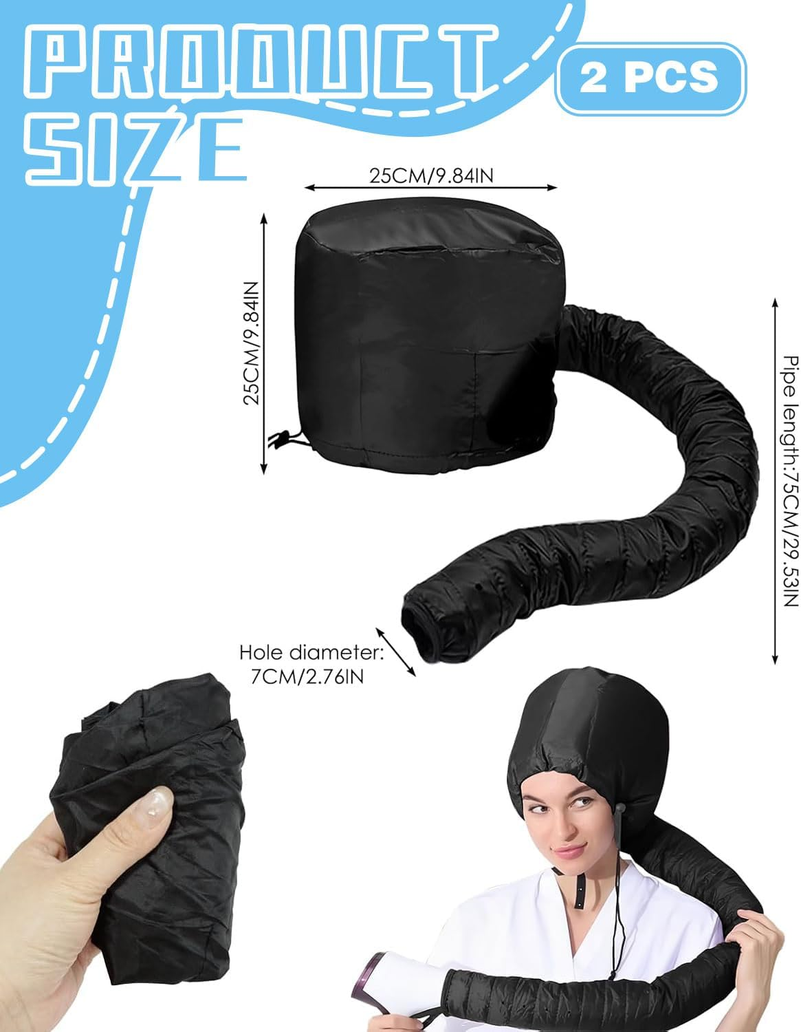 FUGLUS 2 Pieces Hair Dryer Cap, Adjustable Hair Dryer Attachment Hood Hair Treatment Depth Conditioning Cap Side Strap Hood with Elastic Band (Black + Silver) image number 3