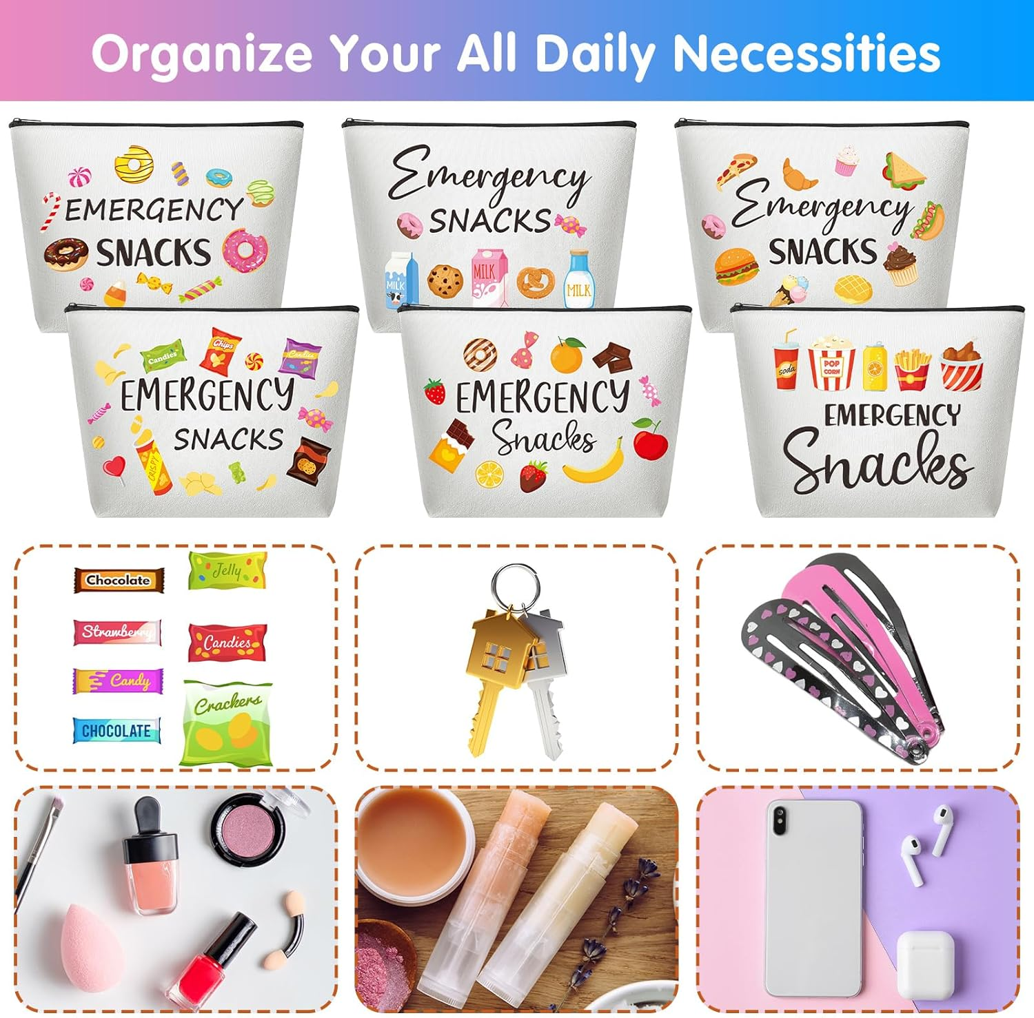 12 Pcs Emergency Snack Bags Bulk Food Makeup Bag Foodie Zipper Cosmetic Pouch Reusable Emergency Snack Pouch for Women Girls Trip Gifts Favors School Work Travel Organizer image number 4